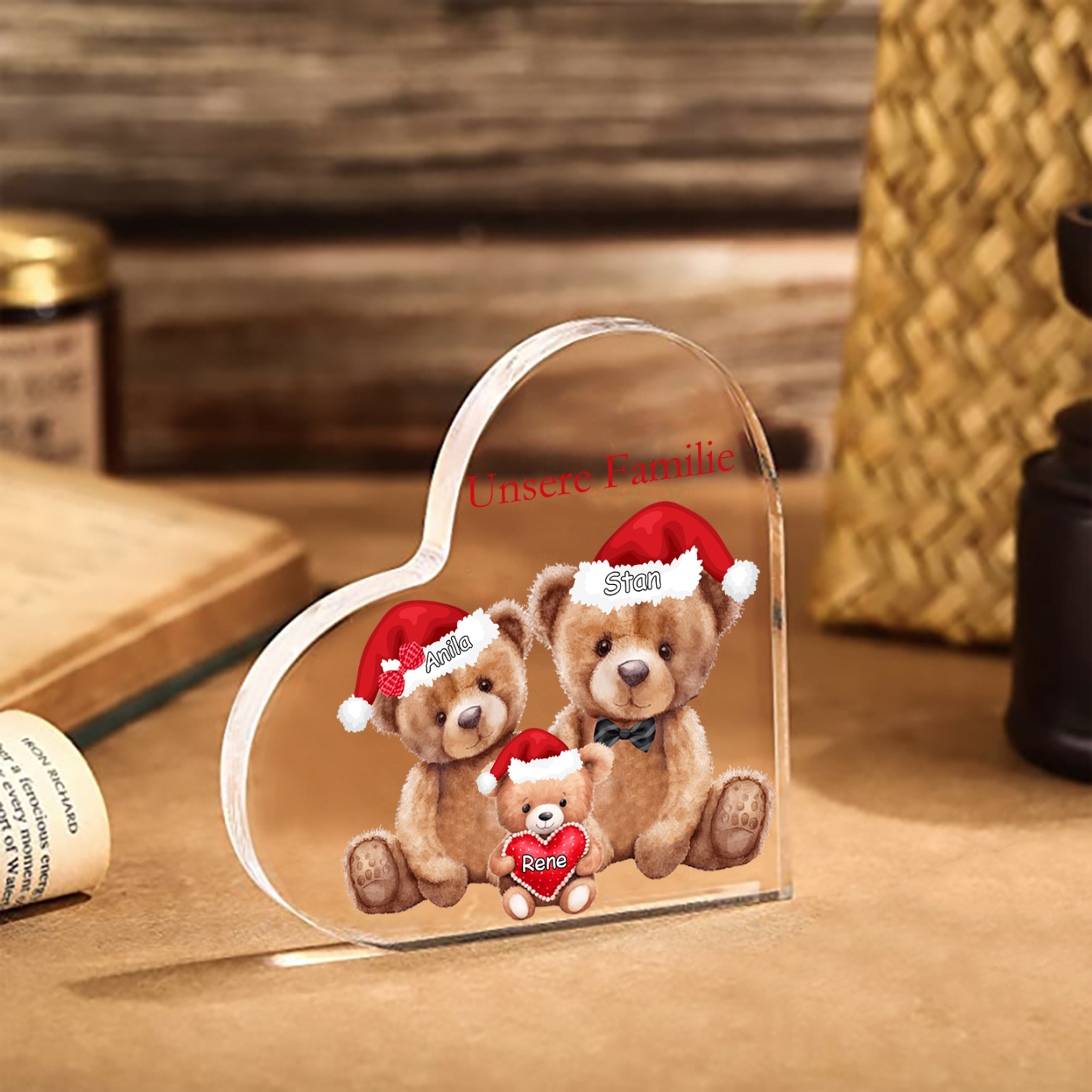 Personalisierte 3 Namen & Text Herz Acryl-Deko – Teddybären Familie – Geschenk für Opa Oma Großeltern