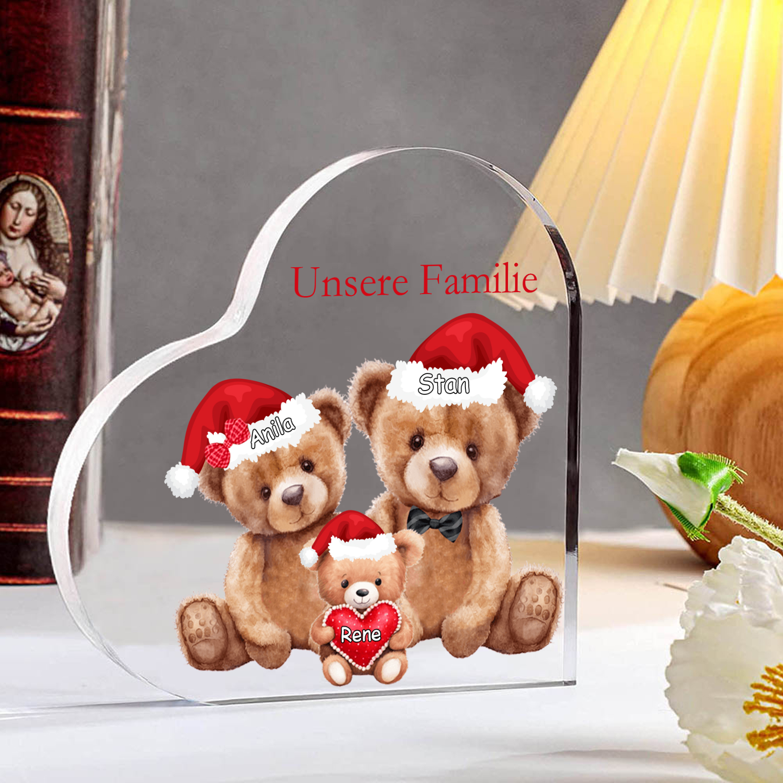 Personalisierte 3 Namen & Text Herz Acryl-Deko – Teddybären Familie – Geschenk für Opa Oma Großeltern