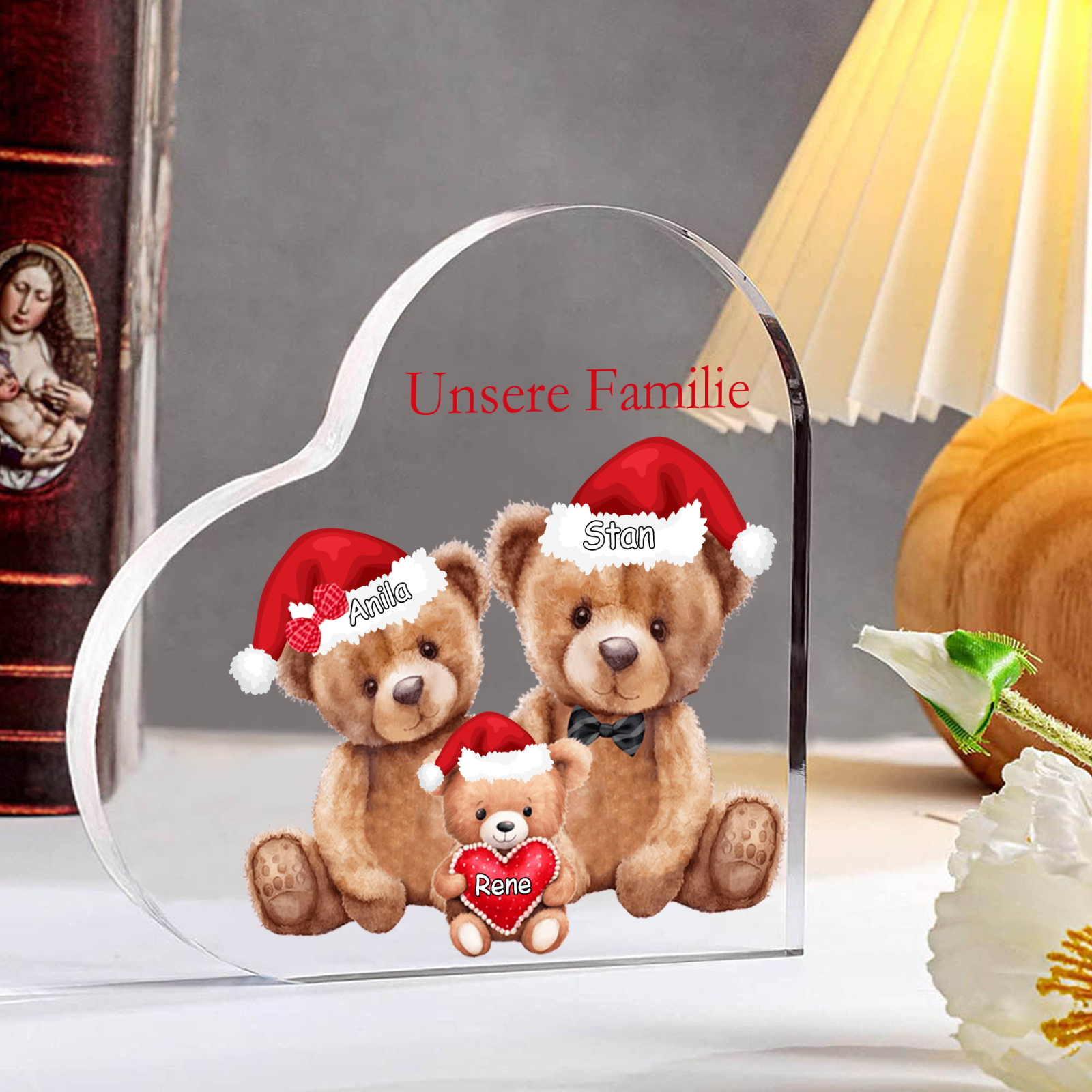 Personalisierte 3 Namen & Text Herz Acryl-Deko – Teddybären Familie – Geschenk für Opa Oma Großeltern