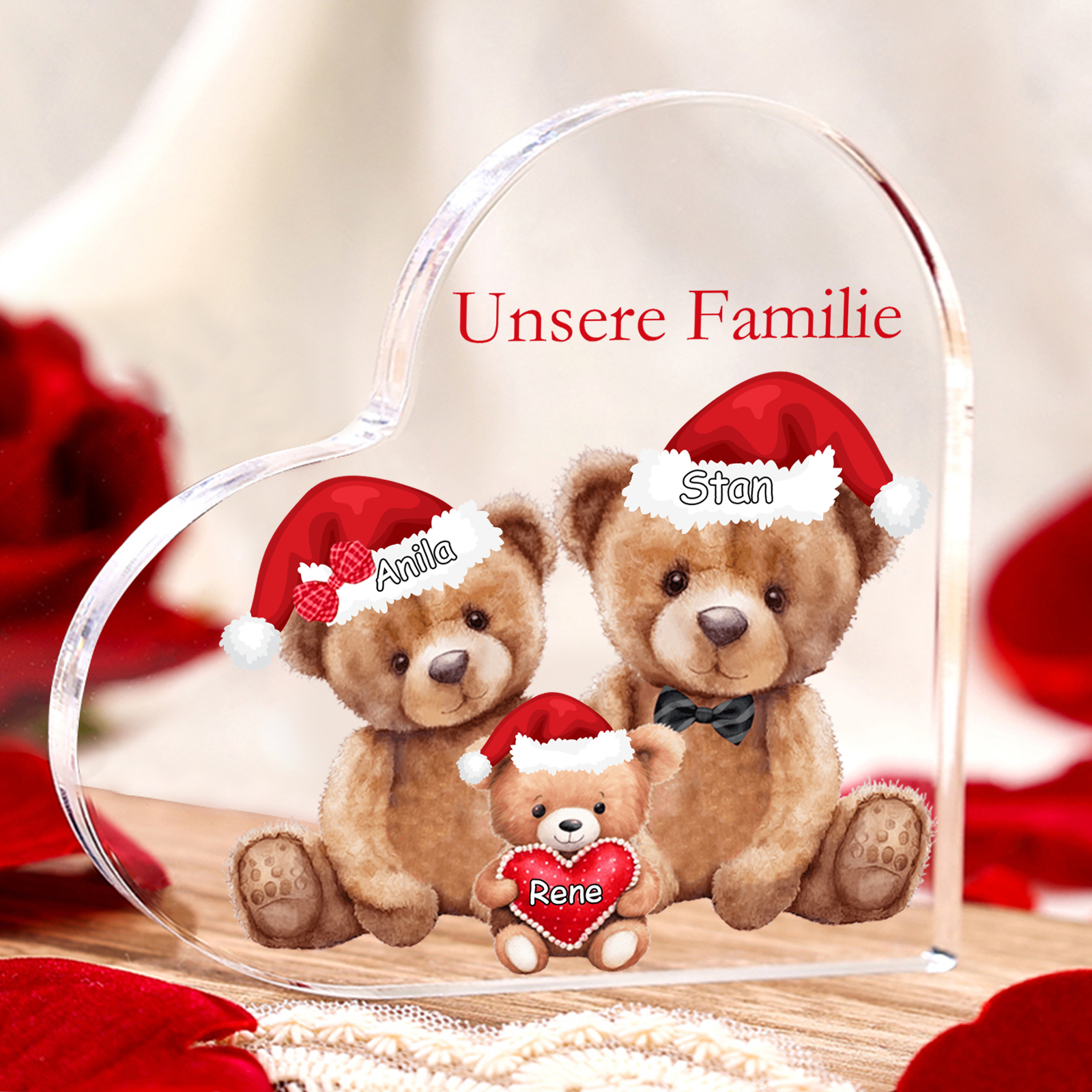 Personalisierte 3 Namen & Text Herz Acryl-Deko – Teddybären Familie – Geschenk für Opa Oma Großeltern