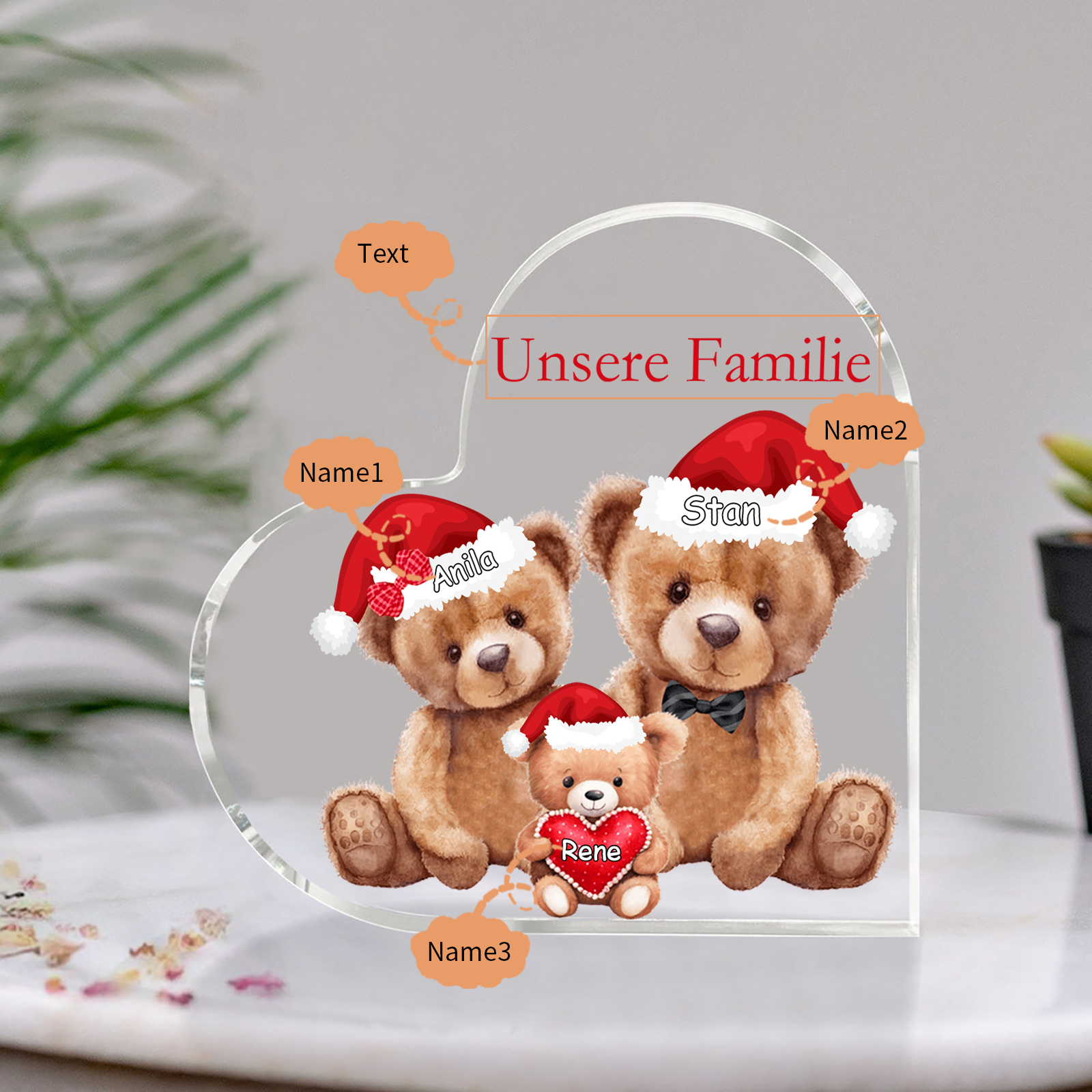 Personalisierte 3 Namen & Text Herz Acryl-Deko – Teddybären Familie – Geschenk für Opa Oma Großeltern