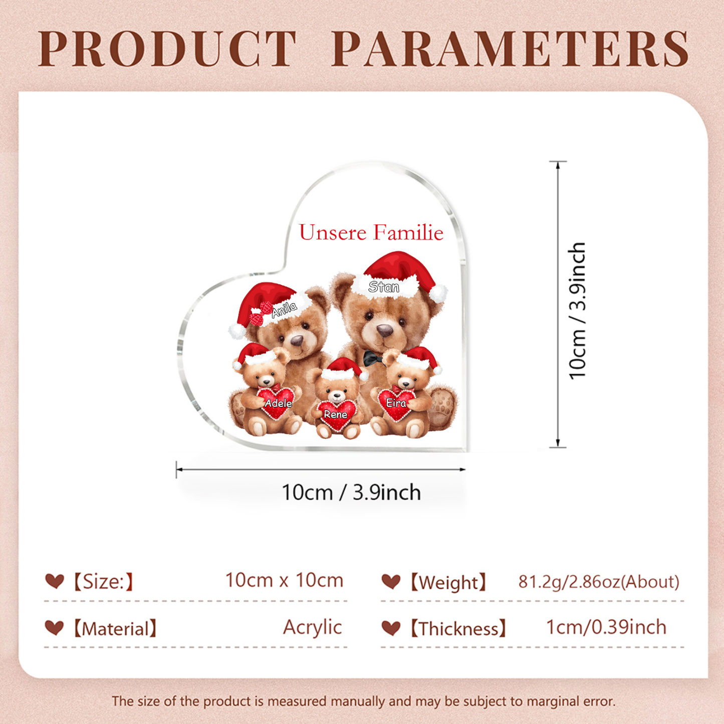 Personalisierte 5 Namen & Text Herz Acryl-Deko – Teddybären Familie – Geschenk für Opa Oma Großeltern