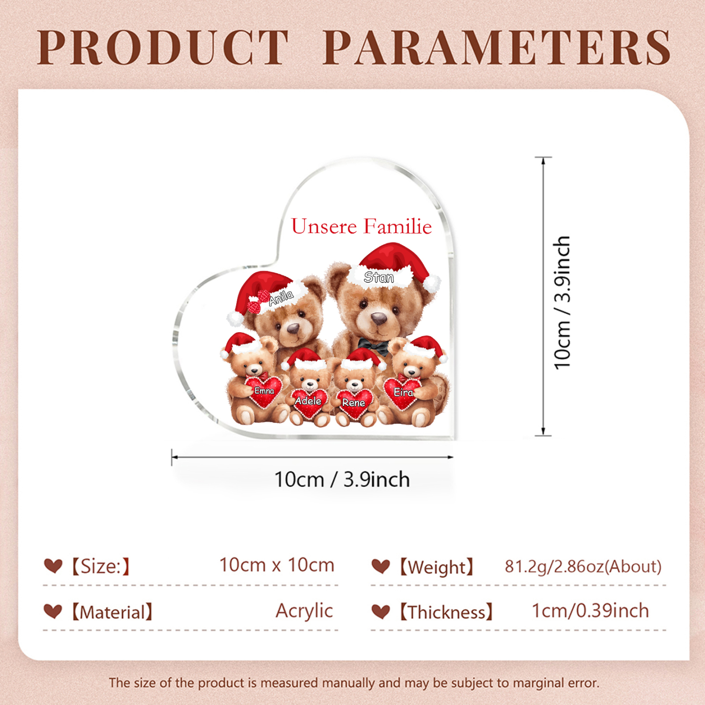 Personalisierte 6 Namen & Text Herz Acryl-Deko – Teddybären Familie – Geschenk für Opa Oma Großeltern
