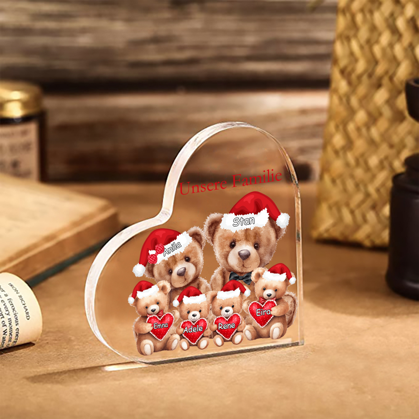 Personalisierte 6 Namen & Text Herz Acryl-Deko – Teddybären Familie – Geschenk für Opa Oma Großeltern