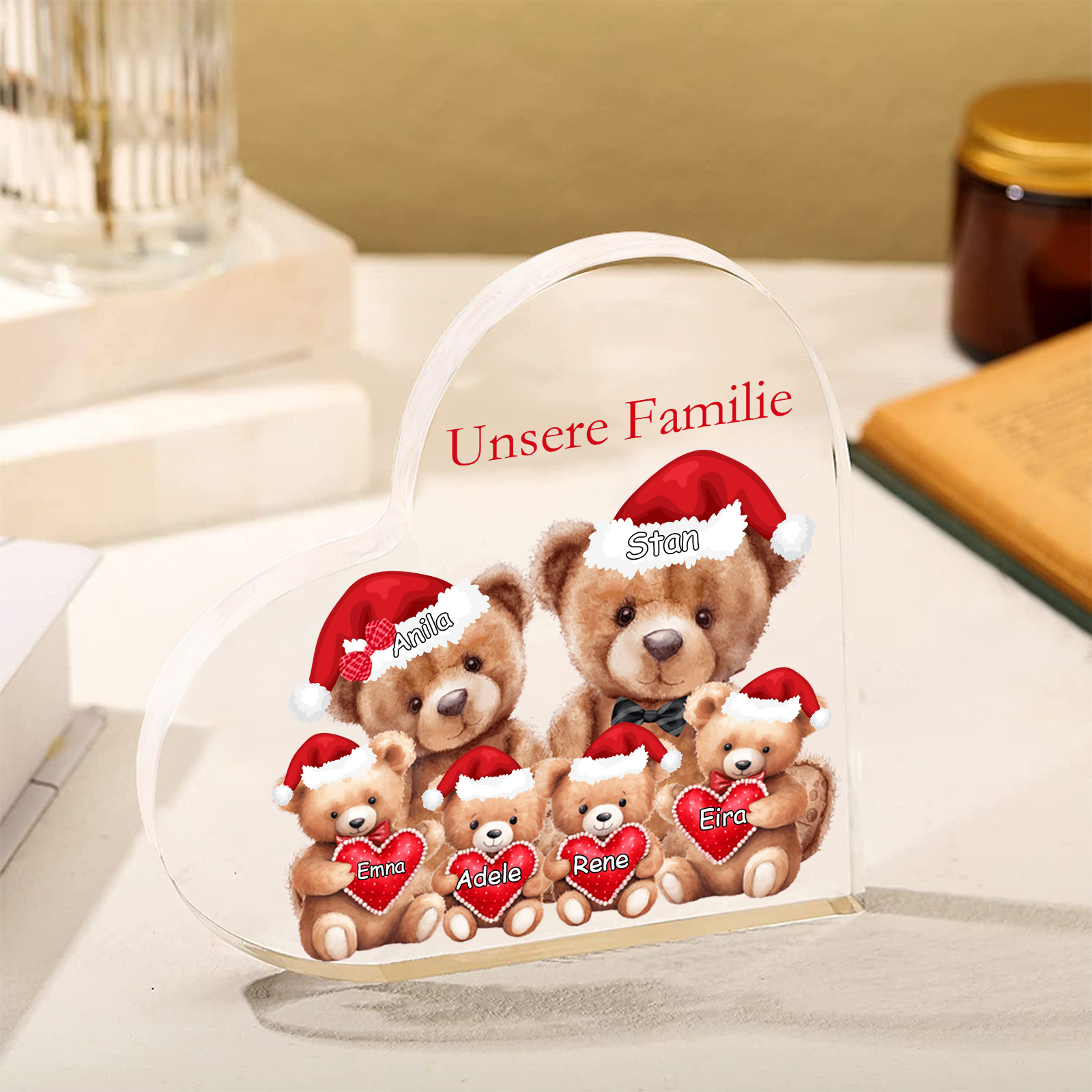 Personalisierte 6 Namen & Text Herz Acryl-Deko – Teddybären Familie – Geschenk für Opa Oma Großeltern