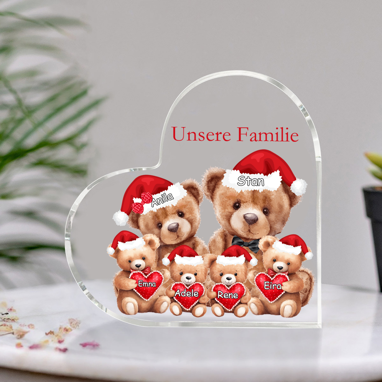 Personalisierte 6 Namen & Text Herz Acryl-Deko – Teddybären Familie – Geschenk für Opa Oma Großeltern