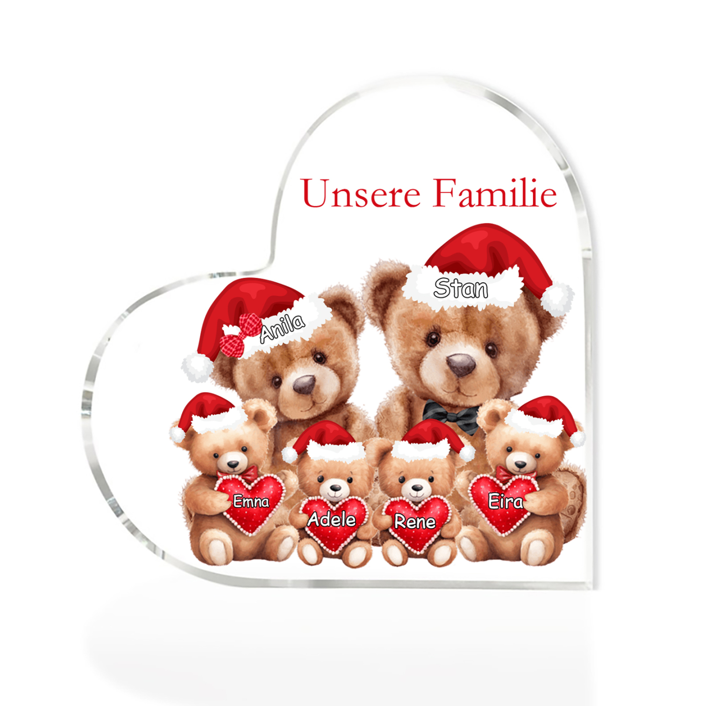 Personalisierte 6 Namen & Text Herz Acryl-Deko – Teddybären Familie – Geschenk für Opa Oma Großeltern