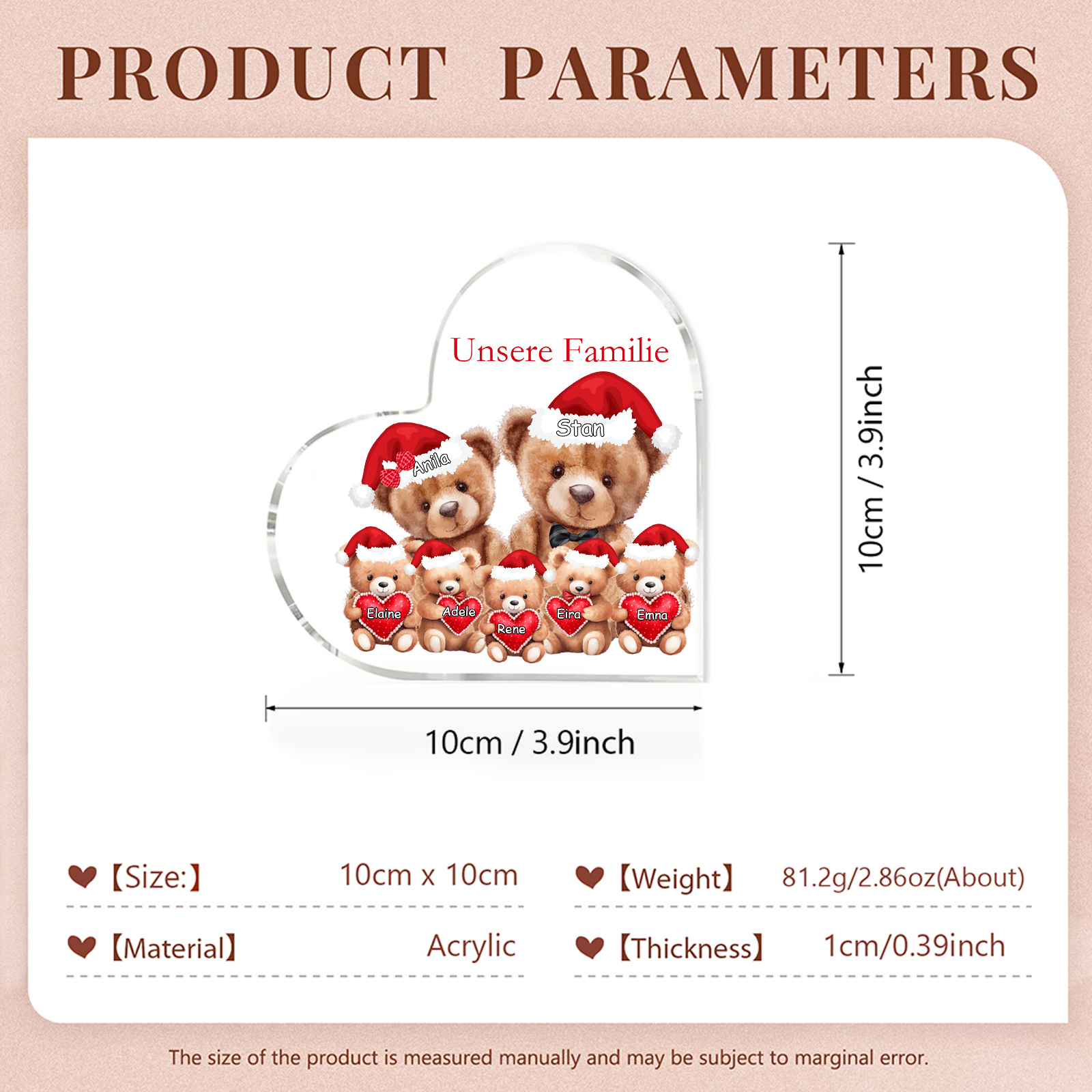 Personalisierte 7 Namen & Text Herz Acryl-Deko – Teddybären Familie – Geschenk für Opa Oma Großeltern