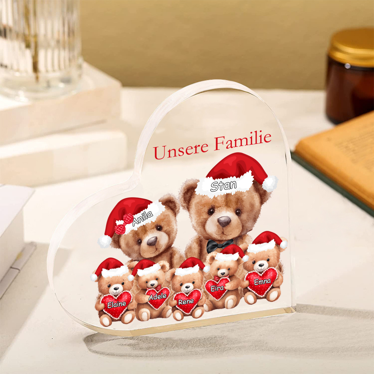 Personalisierte 7 Namen & Text Herz Acryl-Deko – Teddybären Familie – Geschenk für Opa Oma Großeltern