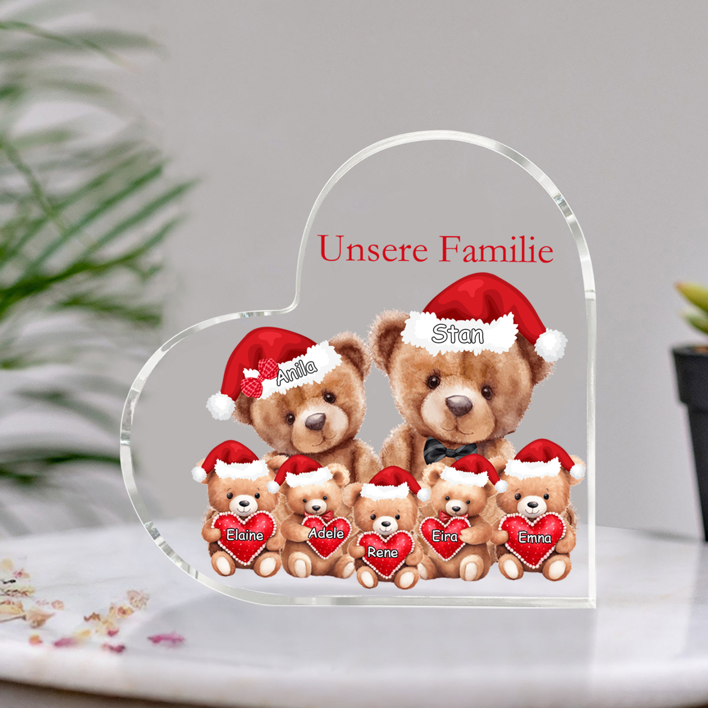 Personalisierte 7 Namen & Text Herz Acryl-Deko – Teddybären Familie – Geschenk für Opa Oma Großeltern