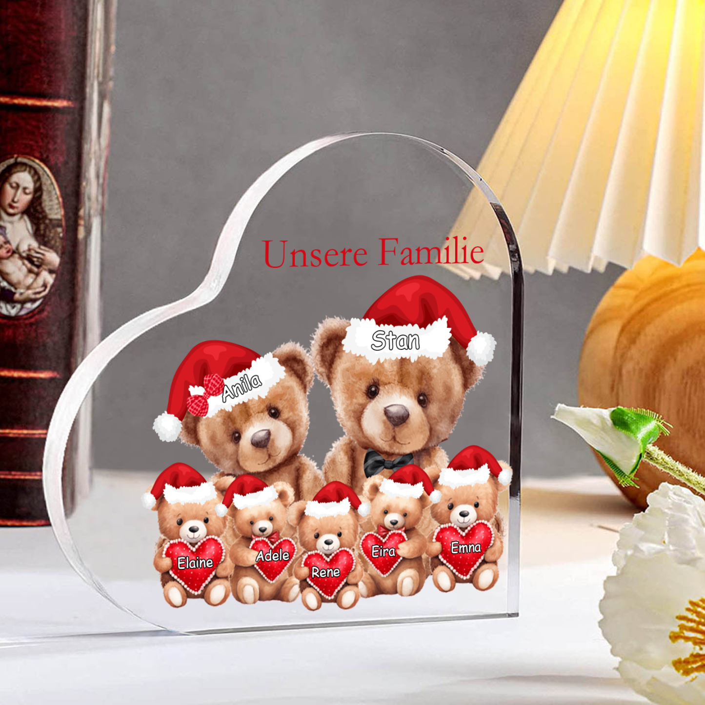 Personalisierte 7 Namen & Text Herz Acryl-Deko – Teddybären Familie – Geschenk für Opa Oma Großeltern