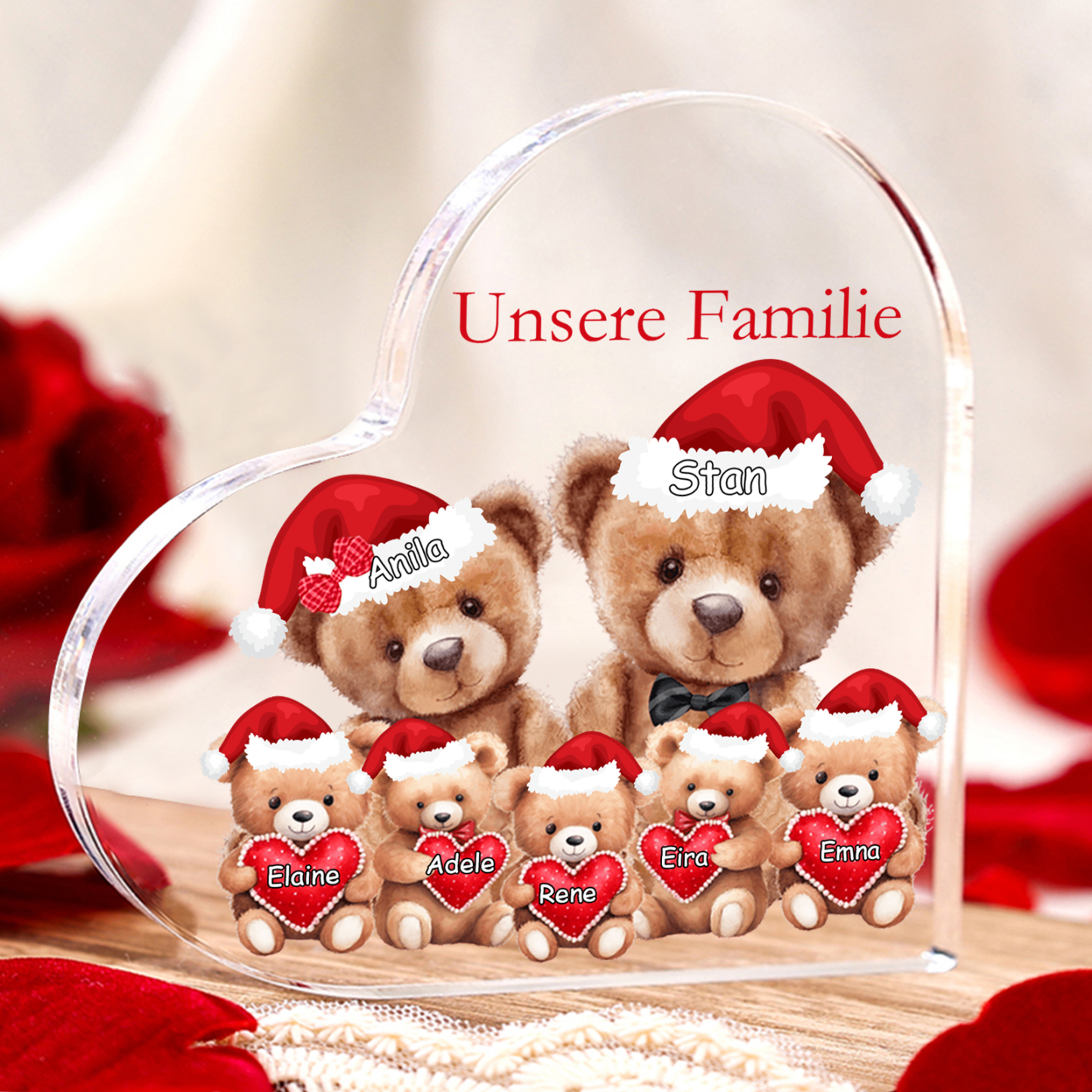 Personalisierte 7 Namen & Text Herz Acryl-Deko – Teddybären Familie – Geschenk für Opa Oma Großeltern