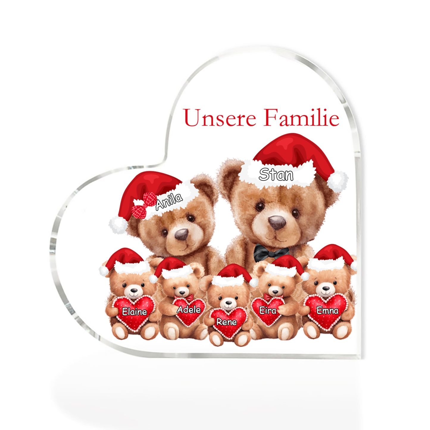 Personalisierte 7 Namen & Text Herz Acryl-Deko – Teddybären Familie – Geschenk für Opa Oma Großeltern