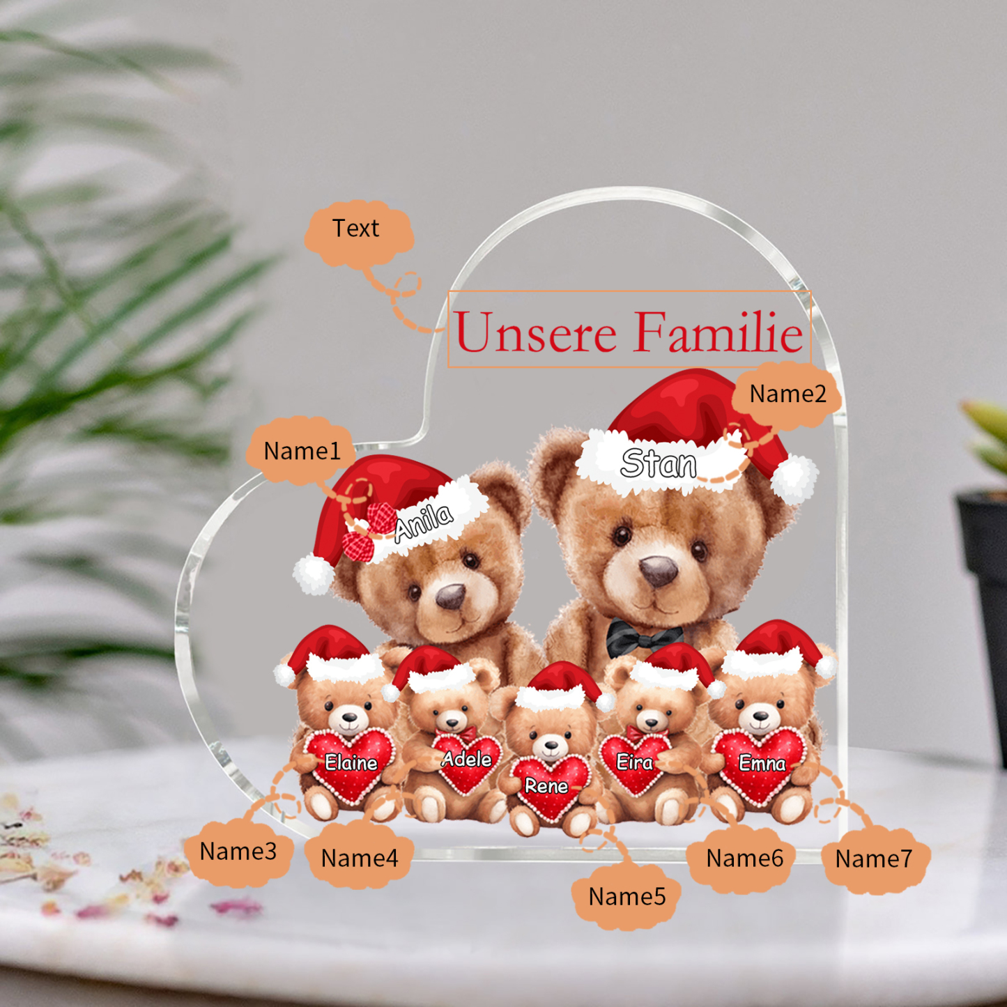 Personalisierte 7 Namen & Text Herz Acryl-Deko – Teddybären Familie – Geschenk für Opa Oma Großeltern