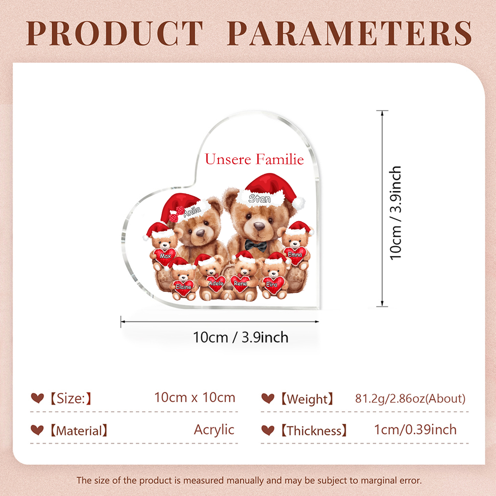 Personalisierte 8 Namen & Text Herz Acryl-Deko – Teddybären Familie – Geschenk für Opa Oma Großeltern