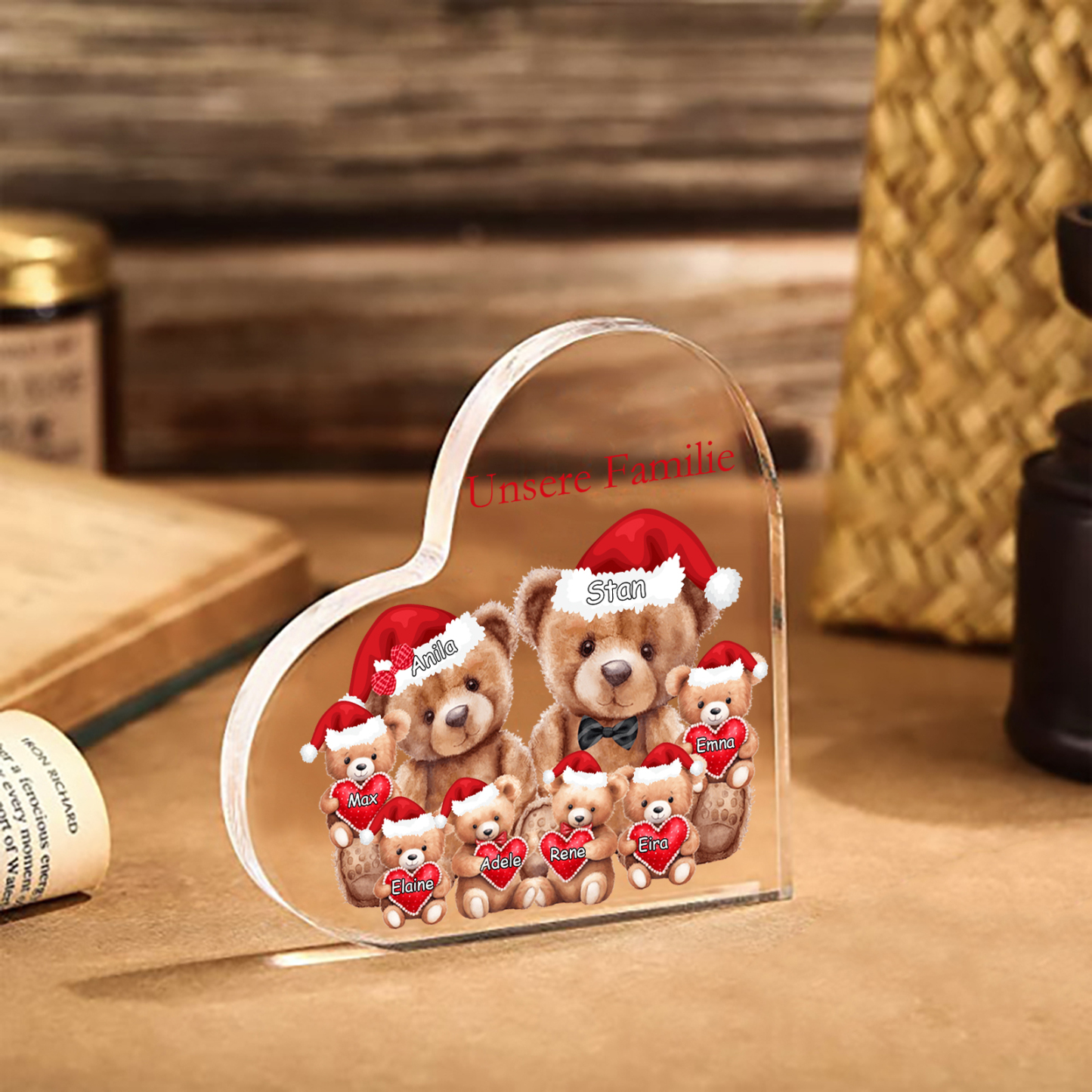 Personalisierte 8 Namen & Text Herz Acryl-Deko – Teddybären Familie – Geschenk für Opa Oma Großeltern