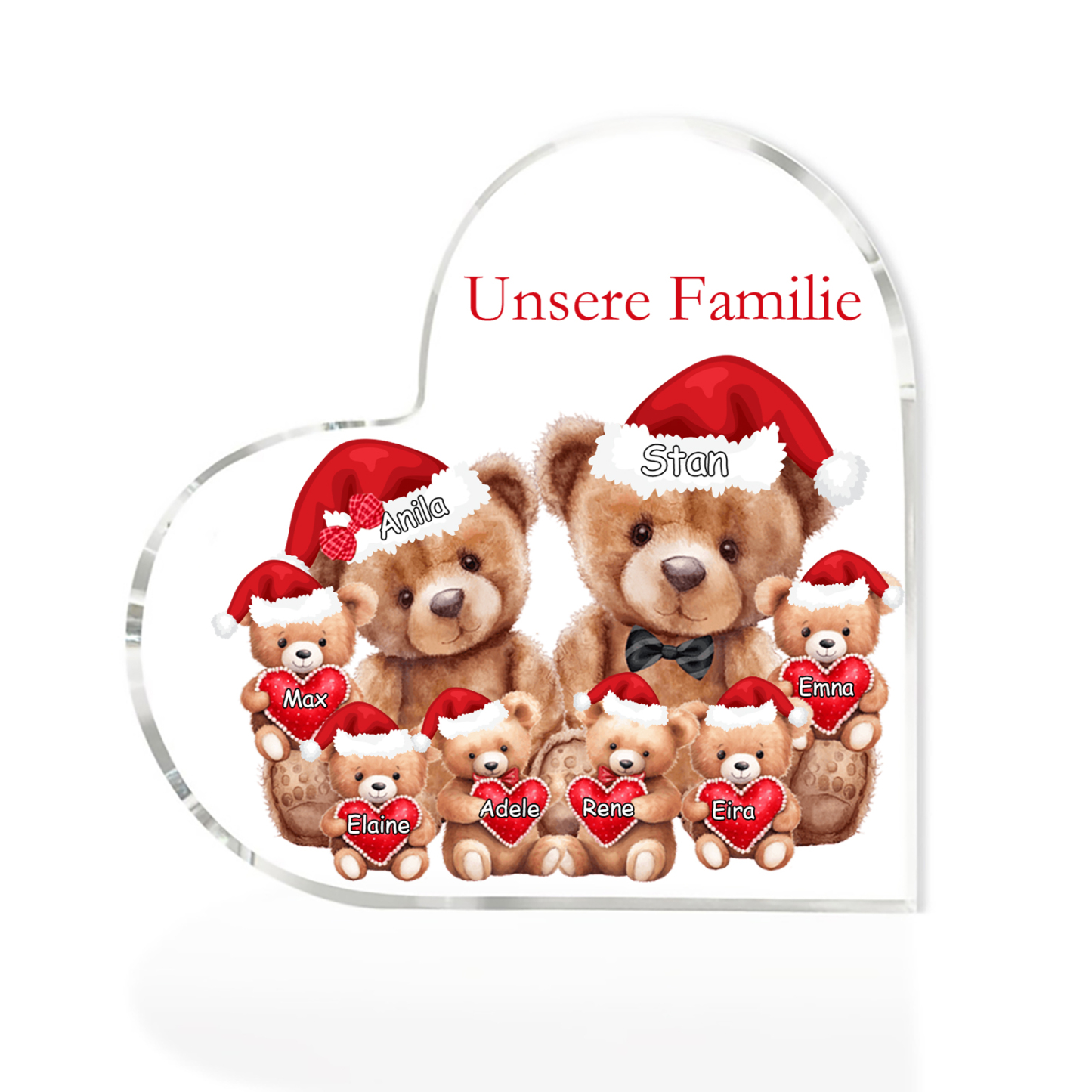 Personalisierte 8 Namen & Text Herz Acryl-Deko – Teddybären Familie – Geschenk für Opa Oma Großeltern