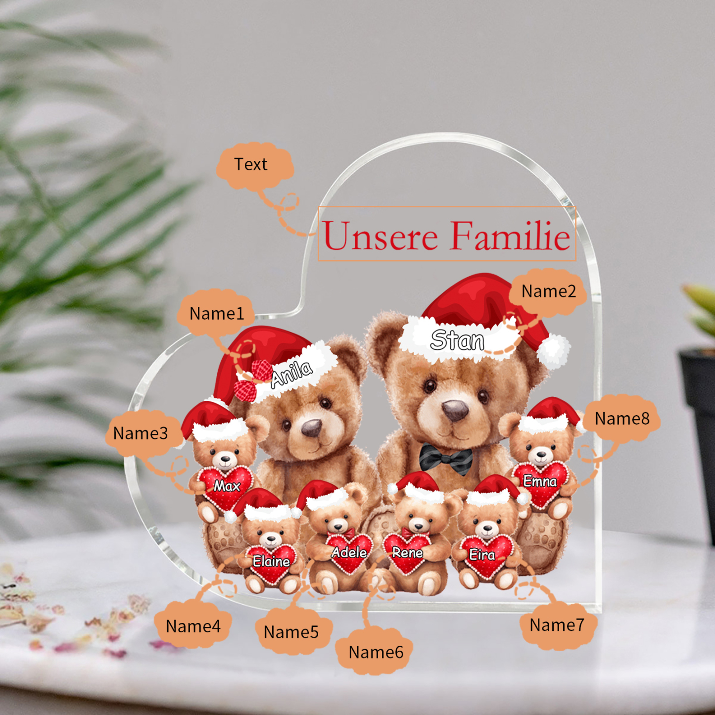 Personalisierte 8 Namen & Text Herz Acryl-Deko – Teddybären Familie – Geschenk für Opa Oma Großeltern