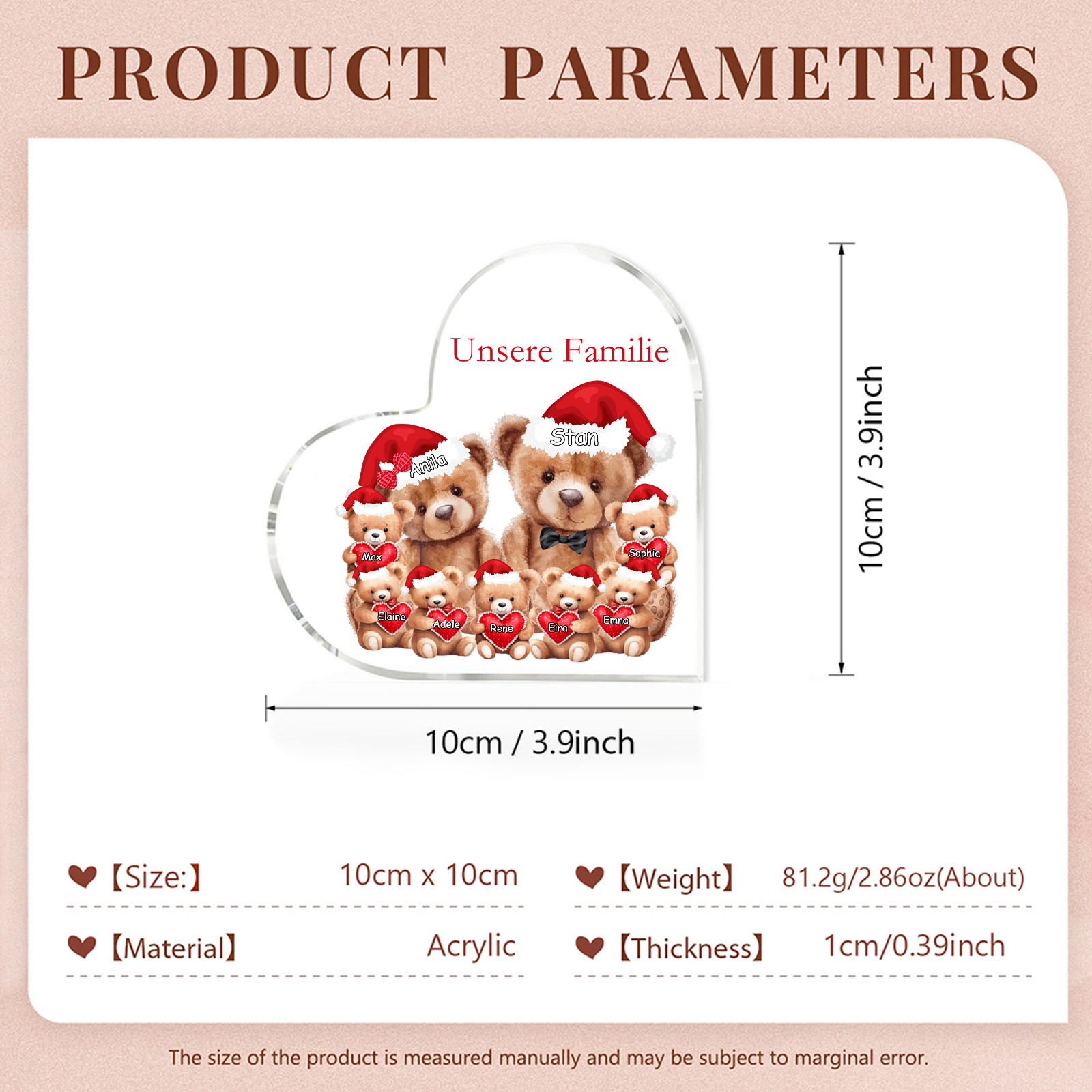 Personalisierte 9 Namen & Text Herz Acryl-Deko – Teddybären Familie – Geschenk für Opa Oma Großeltern