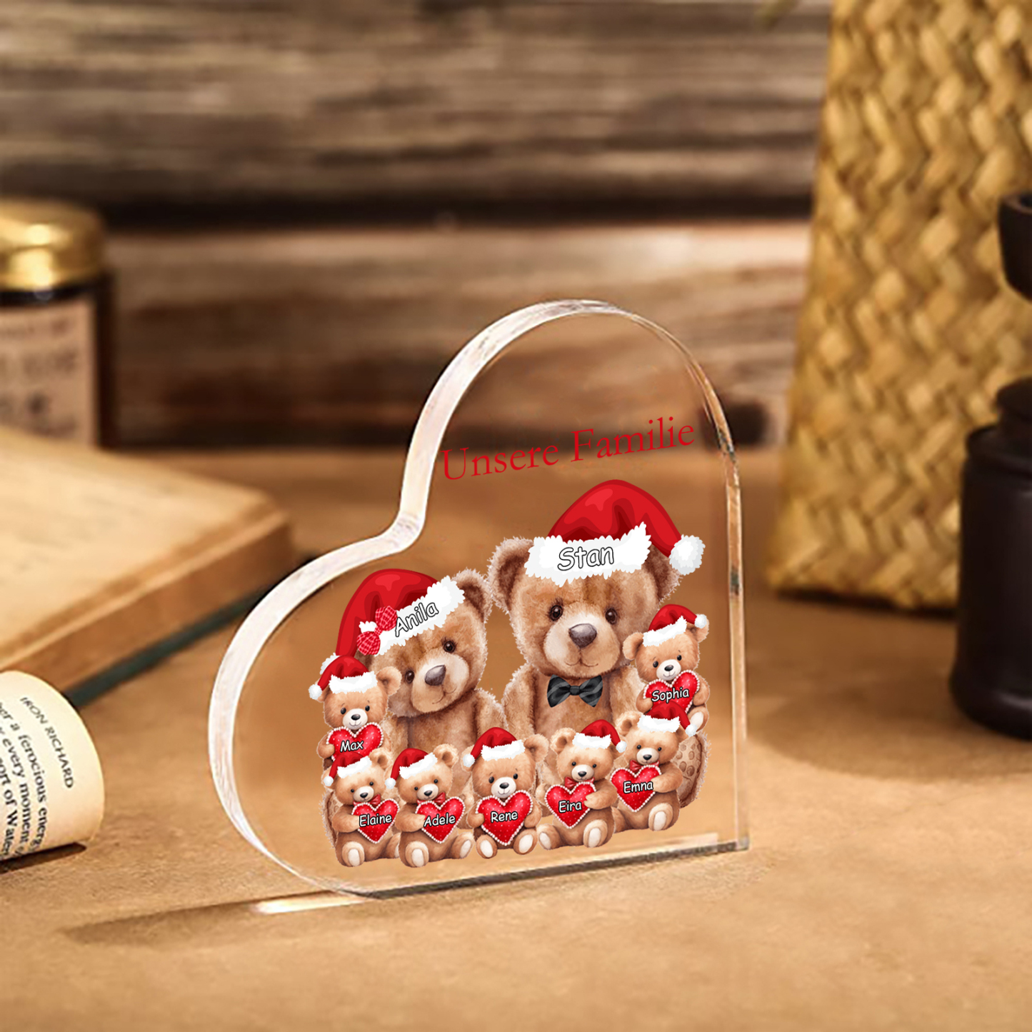 Personalisierte 9 Namen & Text Herz Acryl-Deko – Teddybären Familie – Geschenk für Opa Oma Großeltern
