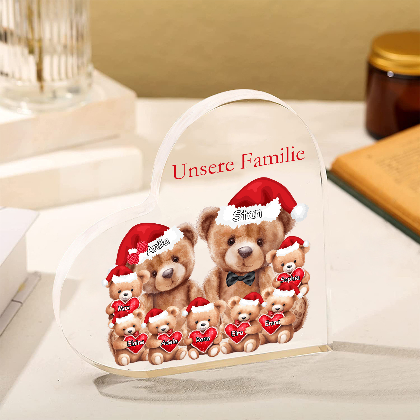 Personalisierte 9 Namen & Text Herz Acryl-Deko – Teddybären Familie – Geschenk für Opa Oma Großeltern