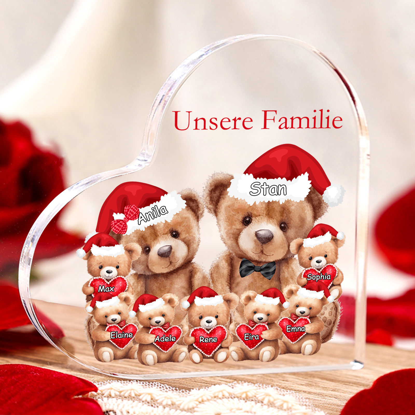 Personalisierte 9 Namen & Text Herz Acryl-Deko – Teddybären Familie – Geschenk für Opa Oma Großeltern