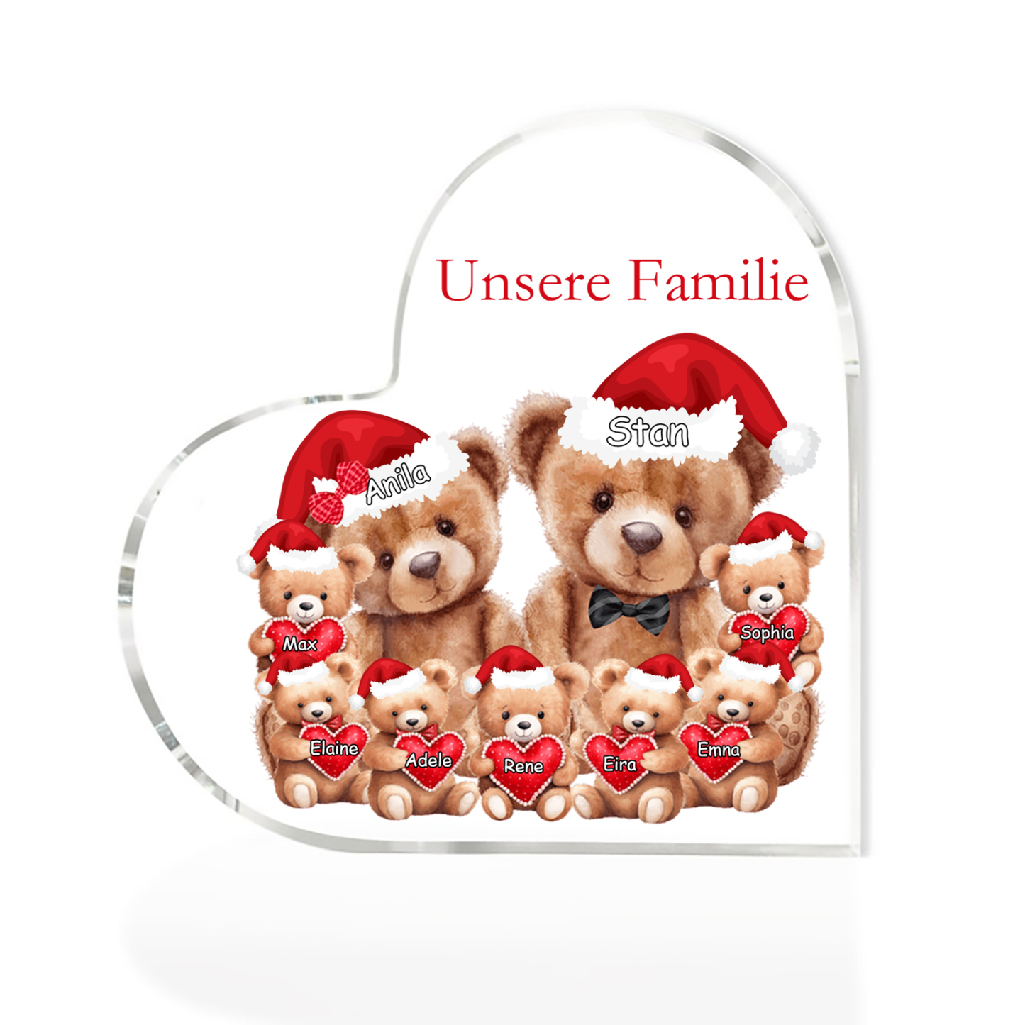 Personalisierte 9 Namen & Text Herz Acryl-Deko – Teddybären Familie – Geschenk für Opa Oma Großeltern
