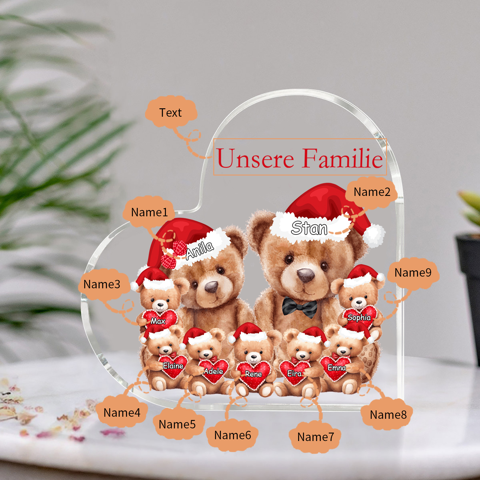 Personalisierte 9 Namen & Text Herz Acryl-Deko – Teddybären Familie – Geschenk für Opa Oma Großeltern