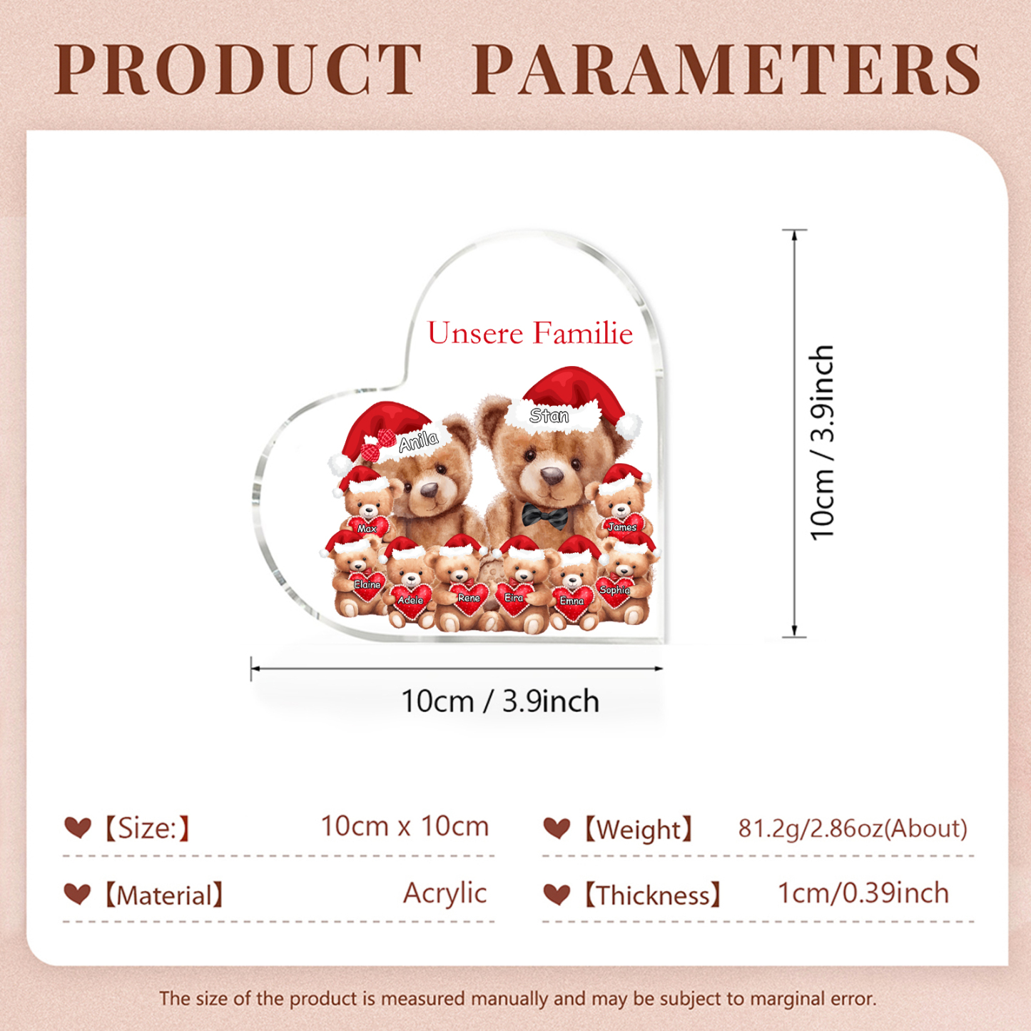 Personalisierte 10 Namen & Text Herz Acryl-Deko – Teddybären Familie – Geschenk für Opa Oma Großeltern