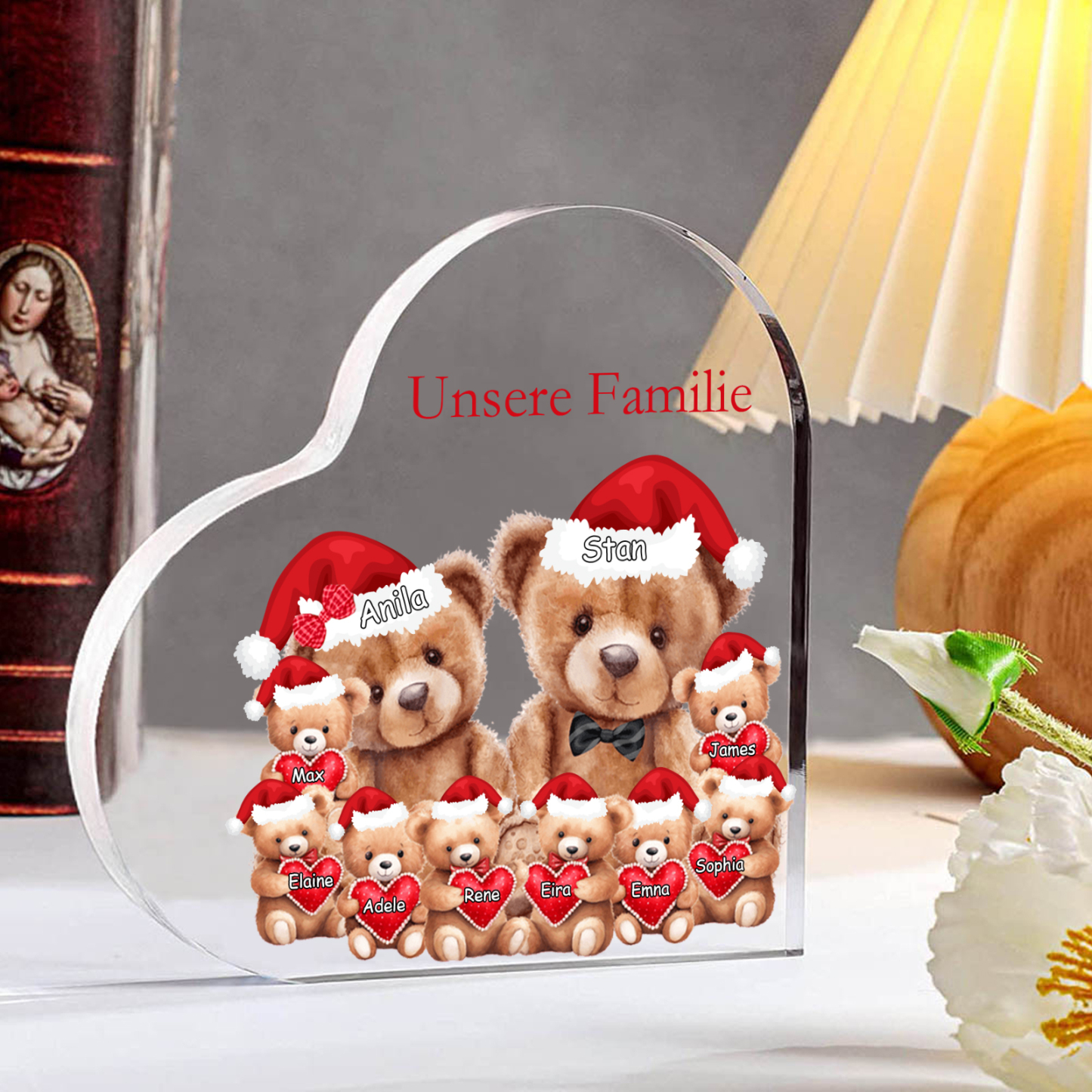 Personalisierte 10 Namen & Text Herz Acryl-Deko – Teddybären Familie – Geschenk für Opa Oma Großeltern