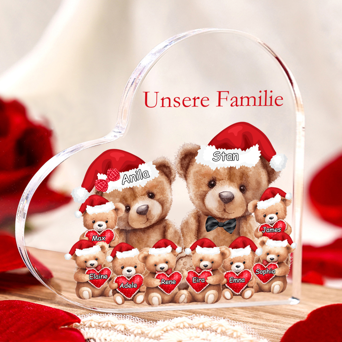 Personalisierte 10 Namen & Text Herz Acryl-Deko – Teddybären Familie – Geschenk für Opa Oma Großeltern