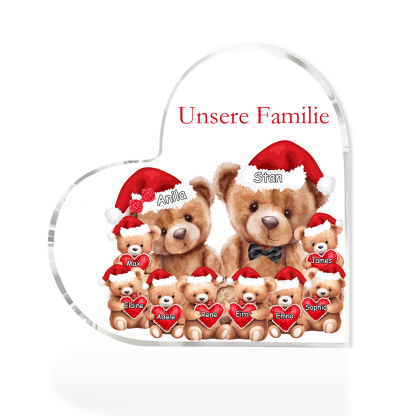 Personalisierte 10 Namen & Text Herz Acryl-Deko – Teddybären Familie – Geschenk für Opa Oma Großeltern