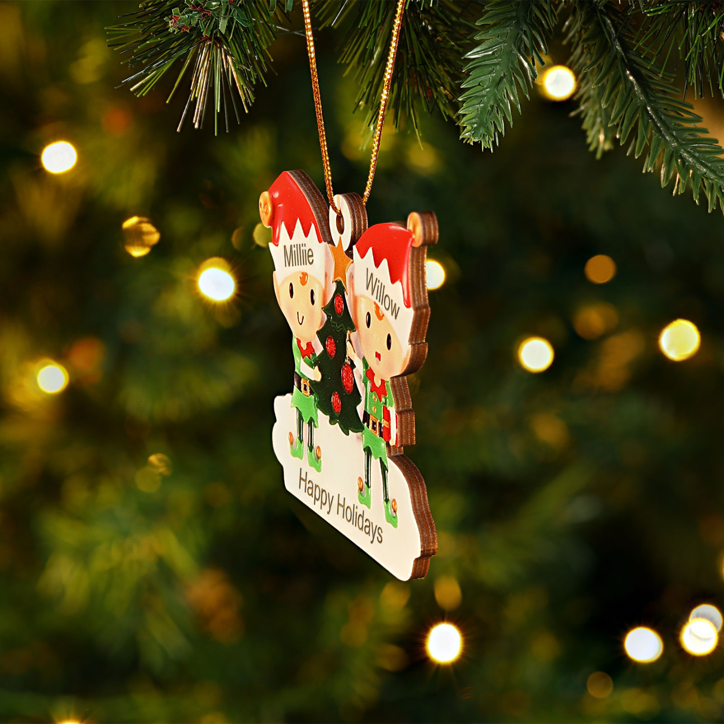 Holz Weihnachtsornament-Personalisierte 2-6 Namen & Text Elfen & Weihnachtsbaum Weihnachtsanhänger