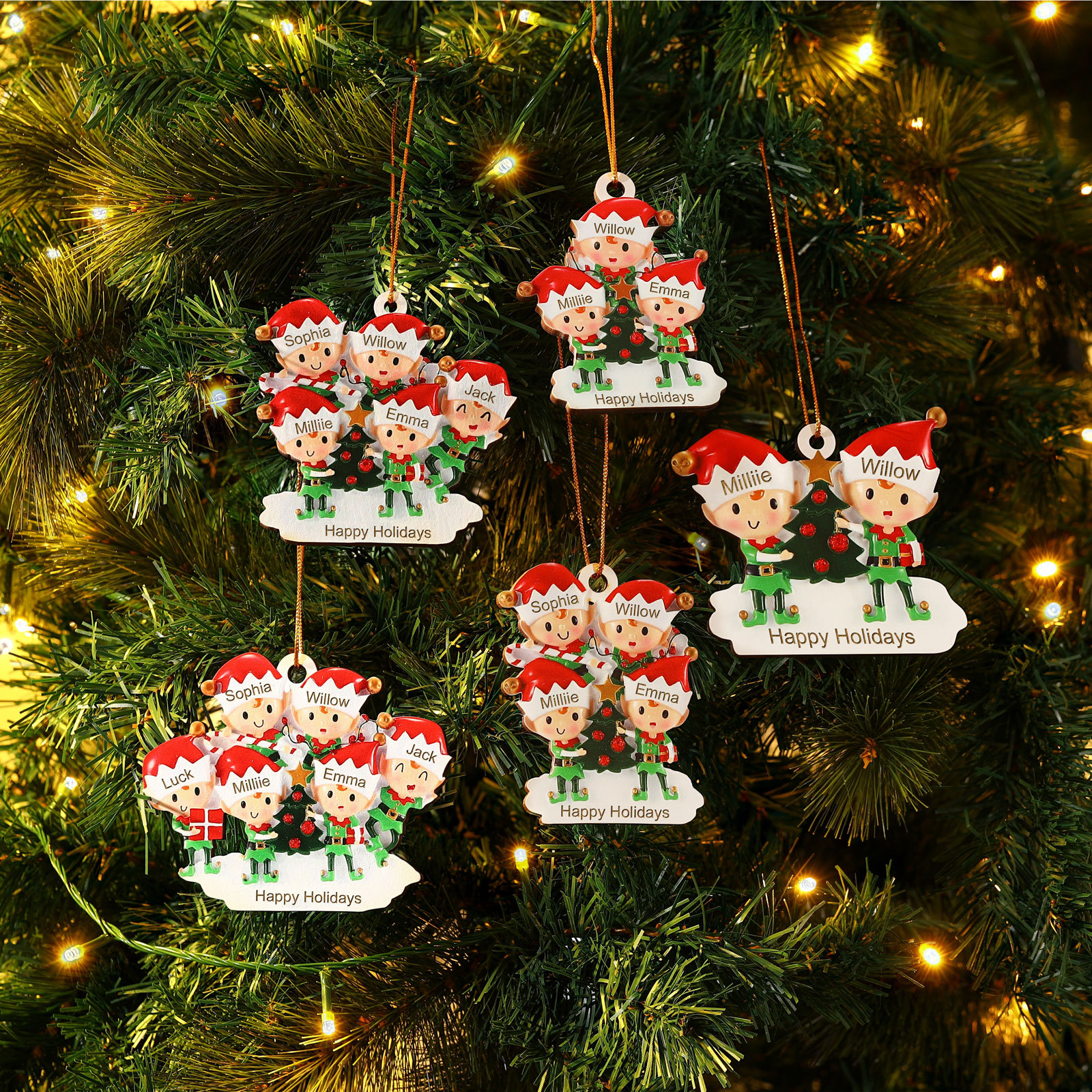 Holz Weihnachtsornament-Personalisierte 2-6 Namen & Text Elfen & Weihnachtsbaum Weihnachtsanhänger