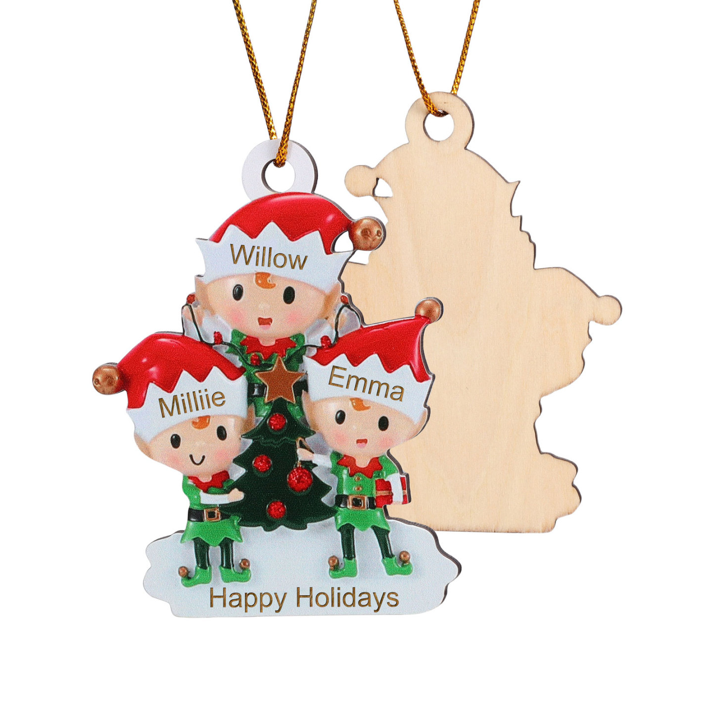 Holz Weihnachtsornament-Personalisierte 2-6 Namen & Text Elfen & Weihnachtsbaum Weihnachtsanhänger