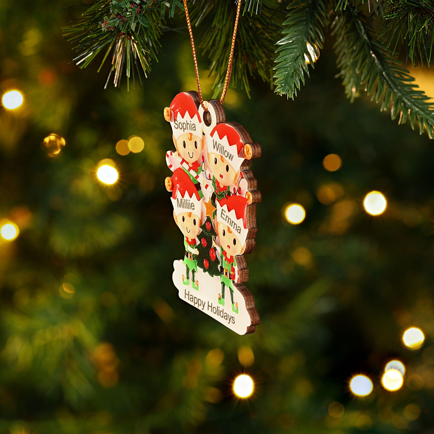 Holz Weihnachtsornament-Personalisierte 2-6 Namen & Text Elfen & Weihnachtsbaum Weihnachtsanhänger