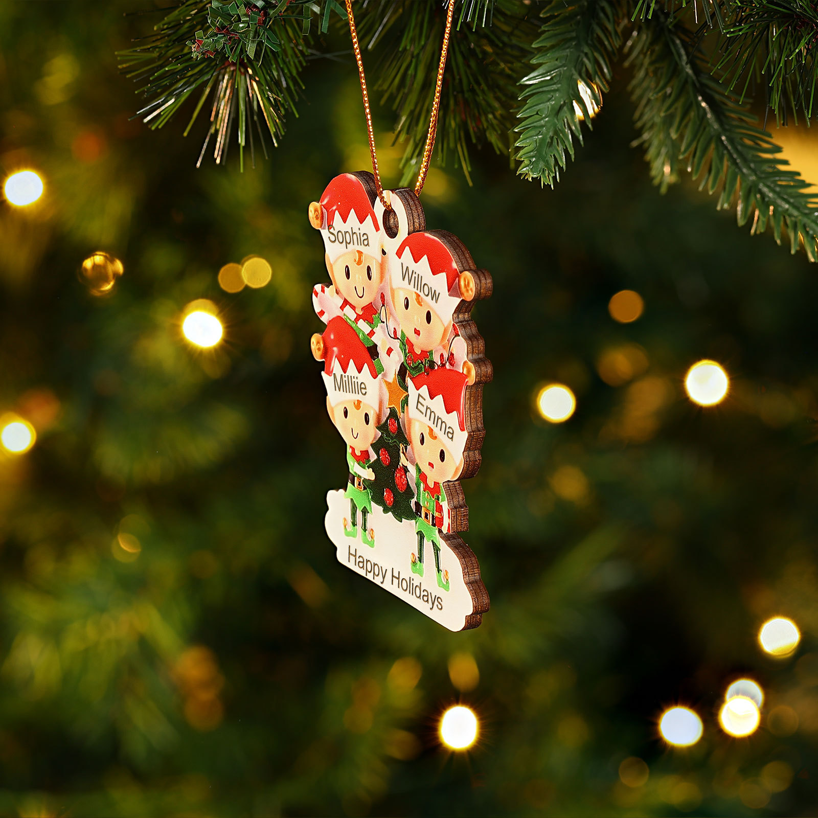Holz Weihnachtsornament-Personalisierte 2-6 Namen & Text Elfen & Weihnachtsbaum Weihnachtsanhänger