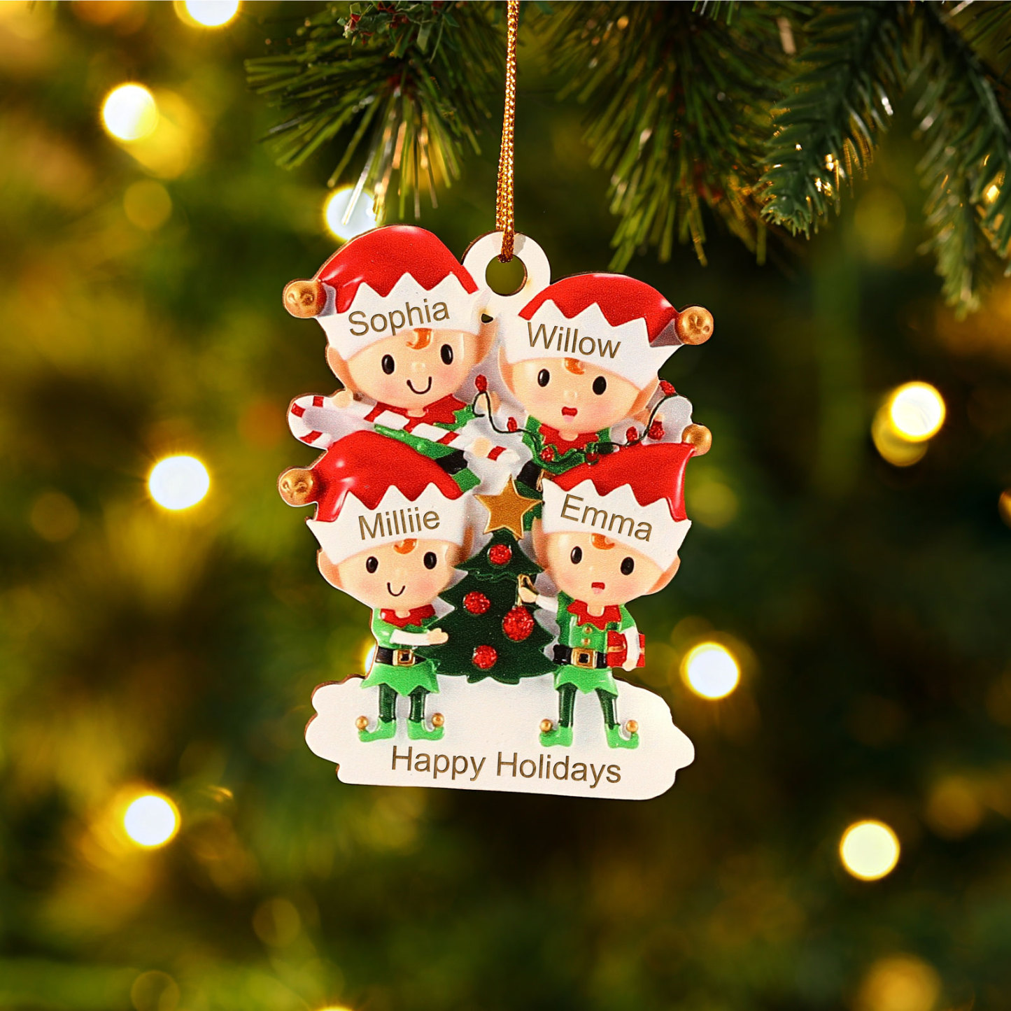 Holz Weihnachtsornament-Personalisierte 2-6 Namen & Text Elfen & Weihnachtsbaum Weihnachtsanhänger
