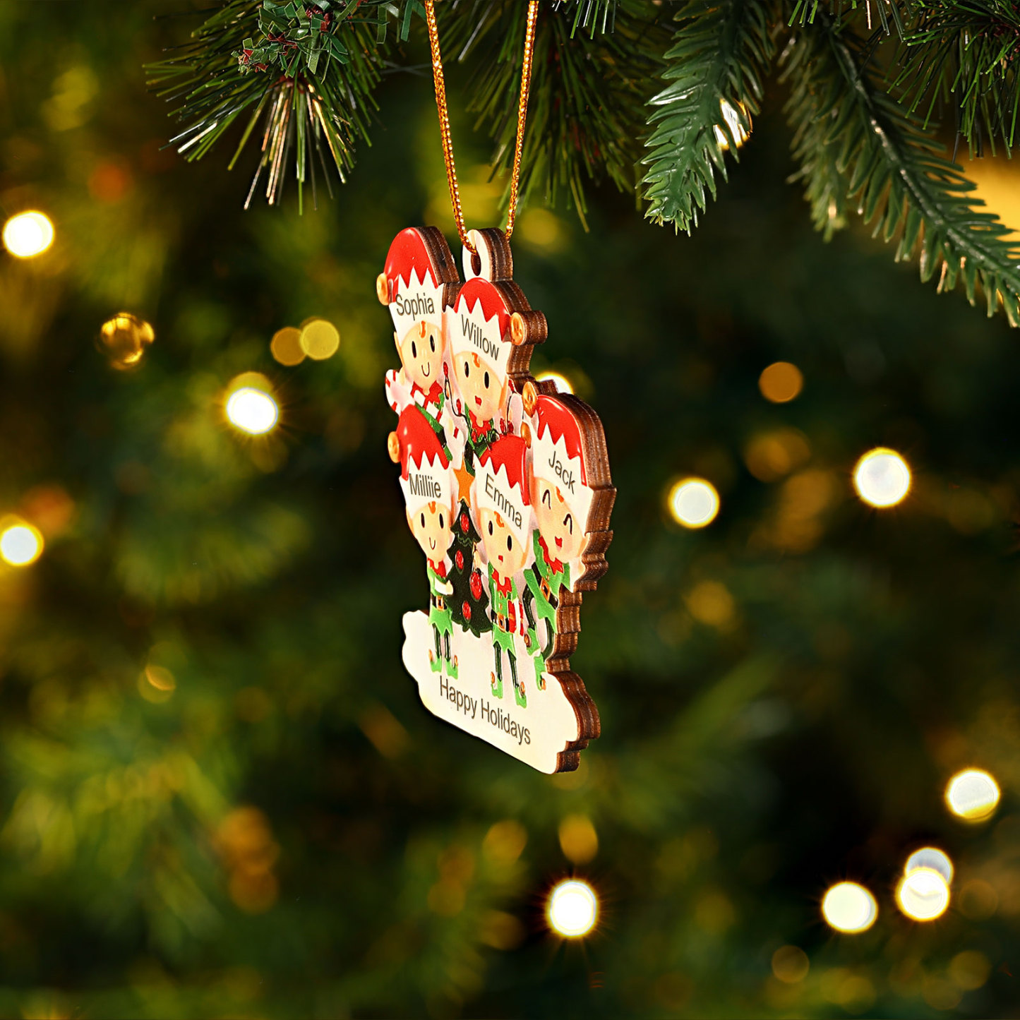 Holz Weihnachtsornament-Personalisierte 2-6 Namen & Text Elfen & Weihnachtsbaum Weihnachtsanhänger