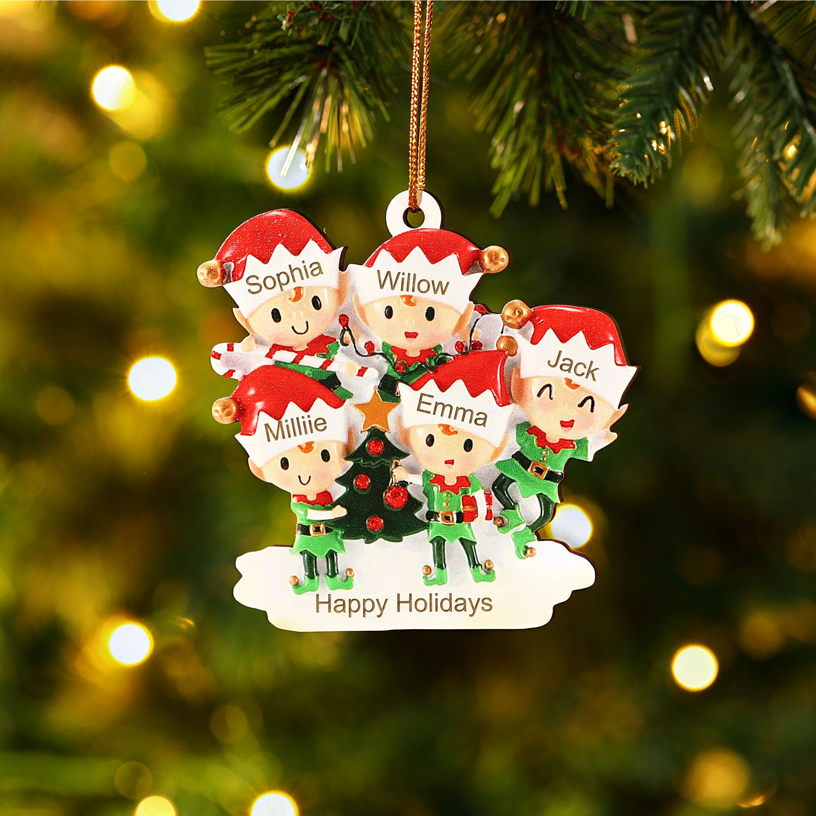 Holz Weihnachtsornament-Personalisierte 2-6 Namen & Text Elfen & Weihnachtsbaum Weihnachtsanhänger