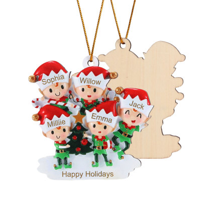 Holz Weihnachtsornament-Personalisierte 2-6 Namen & Text Elfen & Weihnachtsbaum Weihnachtsanhänger
