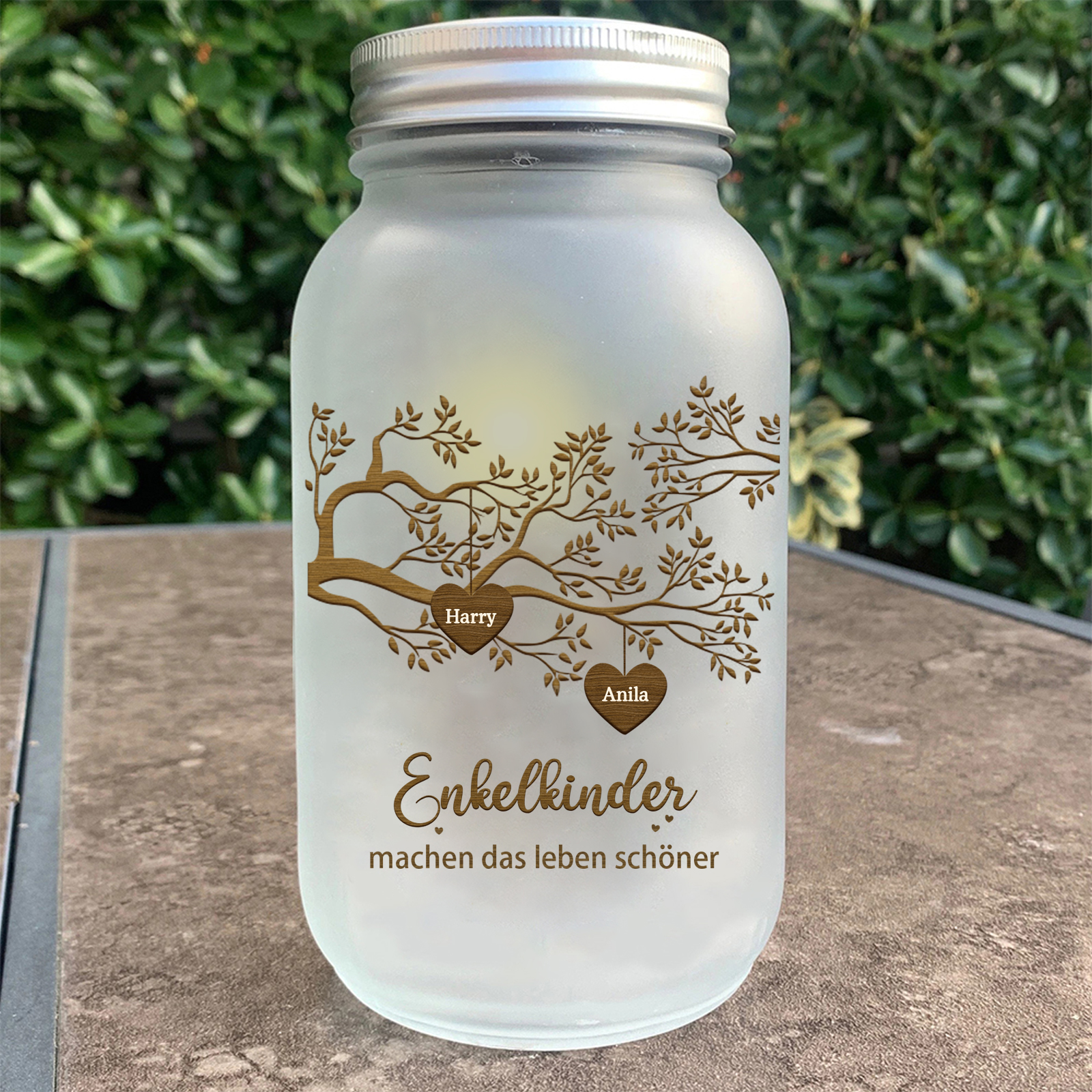 Personalisierte 2 Namen & 2 Texte Glasflasche-Enkelkinder machen das Leben schöner-Weihnachten Licht mit Lebensbaum für Großeltern Familie