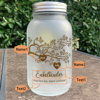 Personalisierte 2 Namen & 2 Texte Glasflasche-Enkelkinder machen das Leben schöner-Weihnachten Licht mit Lebensbaum für Großeltern Familie