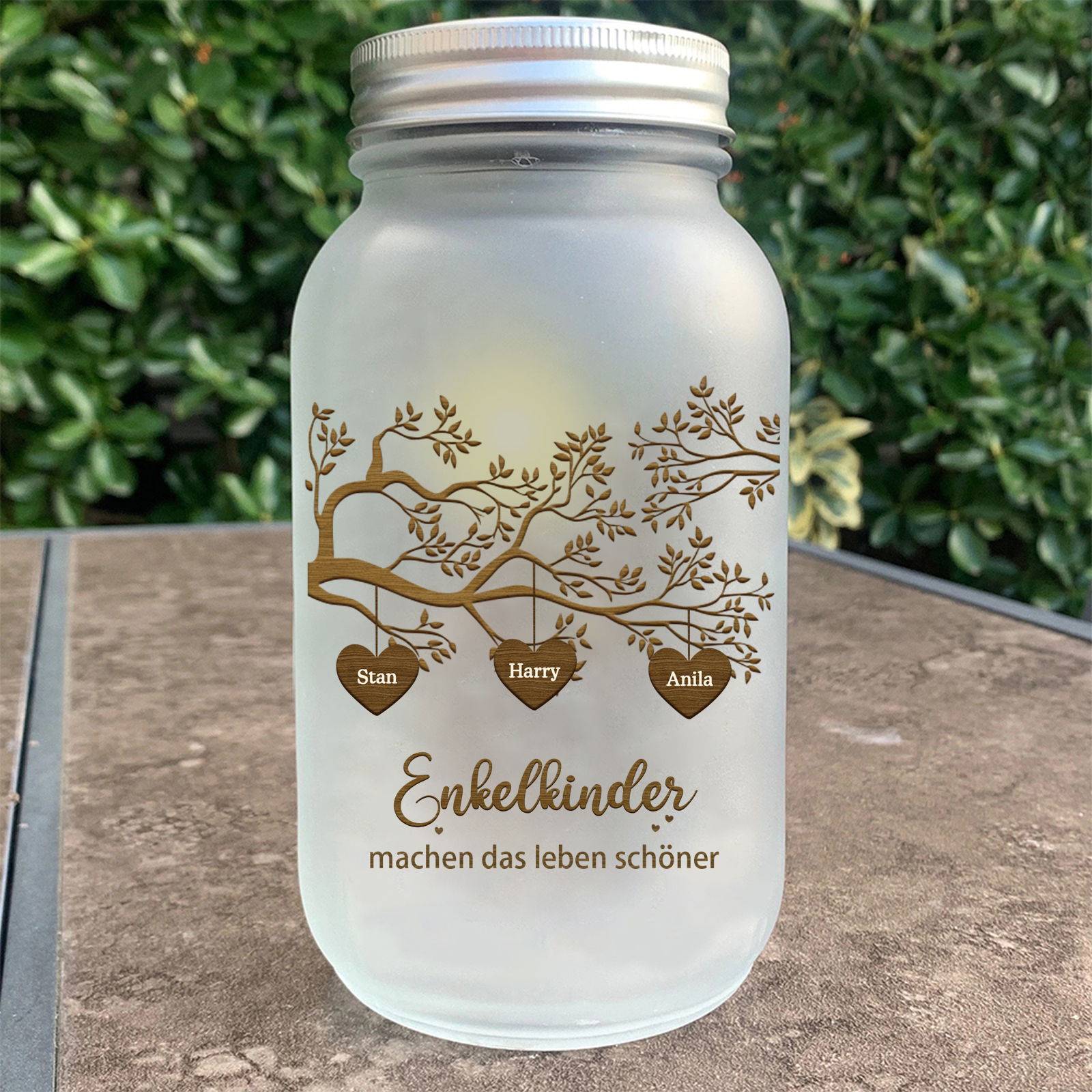 Personalisierte 3 Namen & 2 Texte Glasflasche-Enkelkinder machen das Leben schöner-Weihnachten Licht mit Lebensbaum für Großeltern Familie