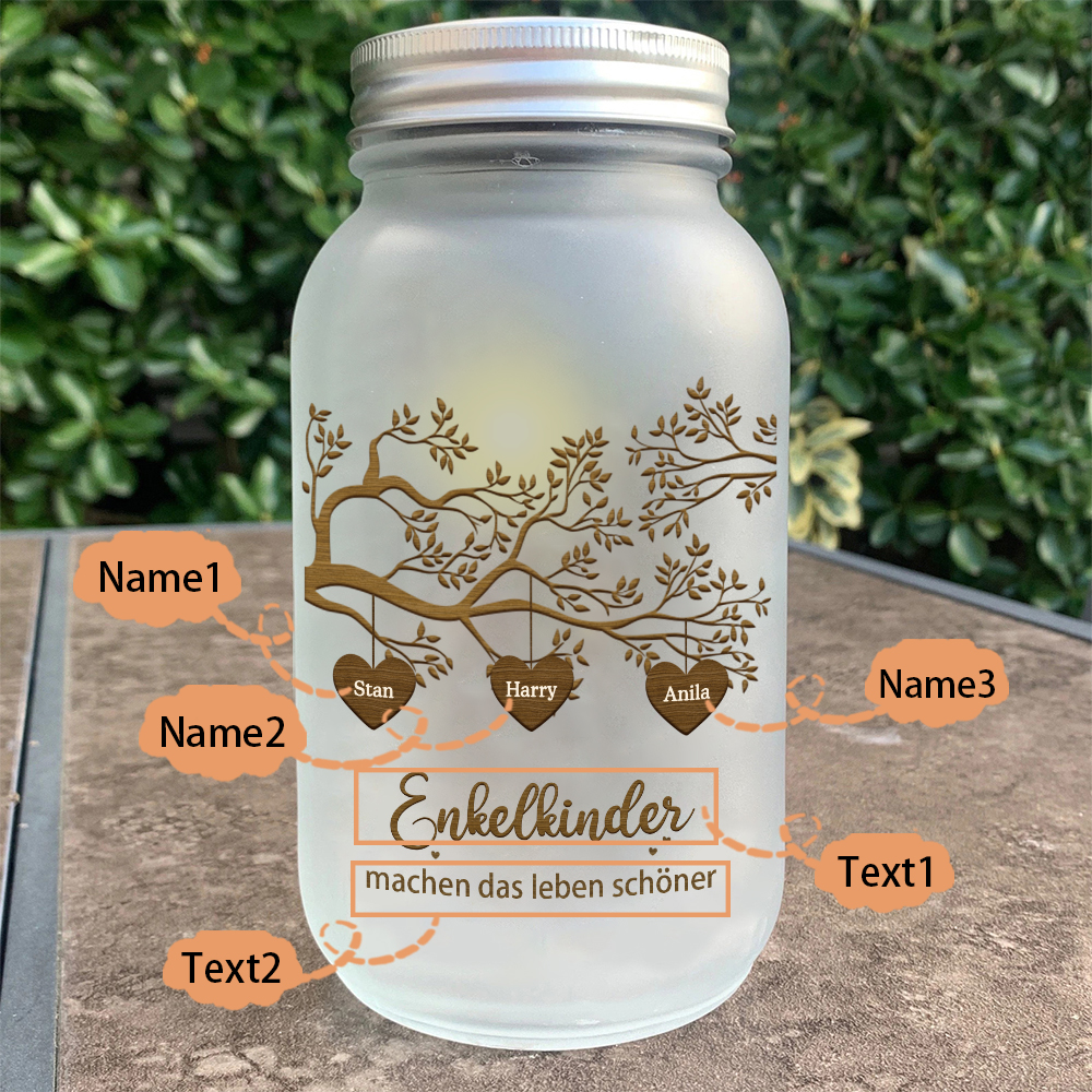 Personalisierte 3 Namen & 2 Texte Glasflasche-Enkelkinder machen das Leben schöner-Weihnachten Licht mit Lebensbaum für Großeltern Familie