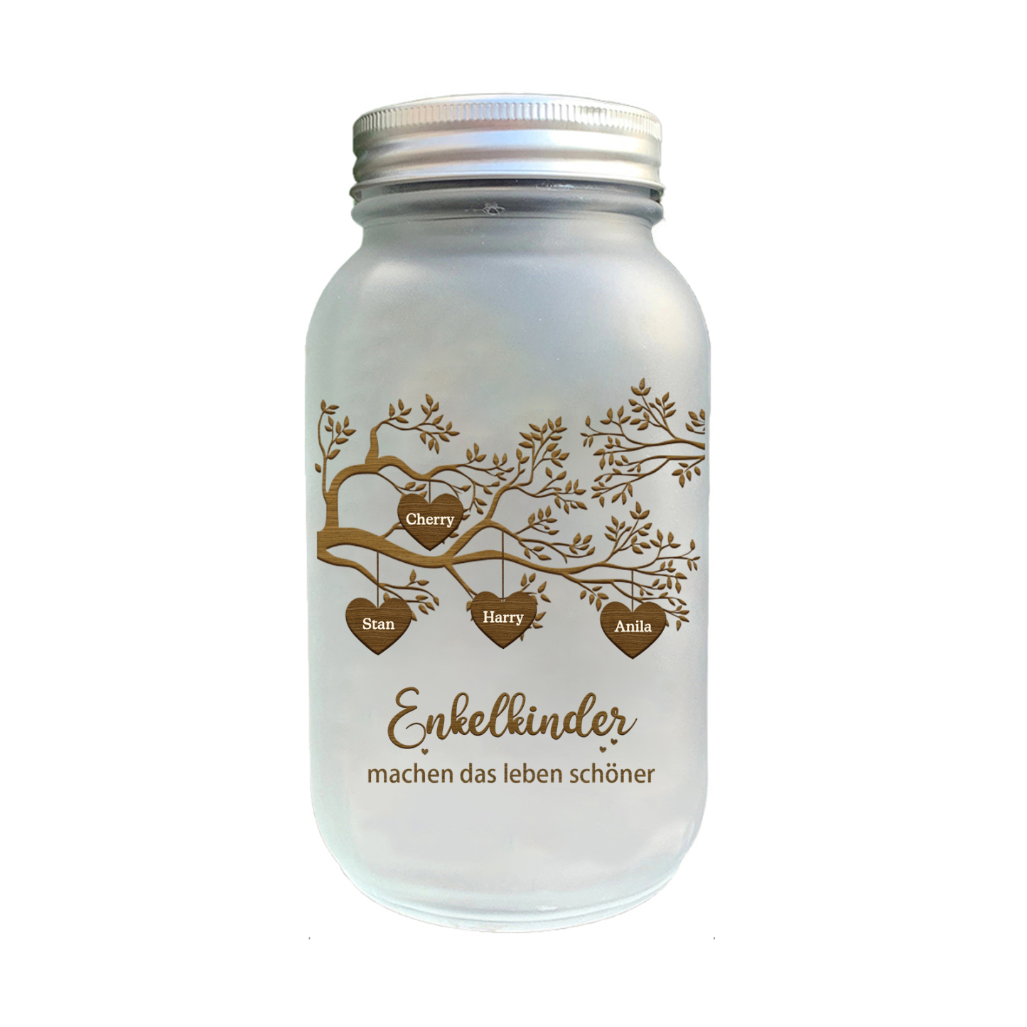 Personalisierte 4 Namen & 2 Texte Glasflasche-Enkelkinder machen das Leben schöner-Weihnachten Licht mit Lebensbaum für Großeltern Familie