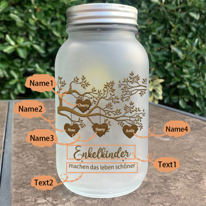 Personalisierte 4 Namen & 2 Texte Glasflasche-Enkelkinder machen das Leben schöner-Weihnachten Licht mit Lebensbaum für Großeltern Familie