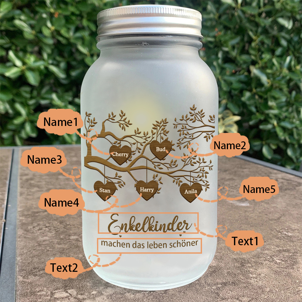 Personalisierte 5 Namen & 2 Texte Glasflasche-Enkelkinder machen das Leben schöner-Weihnachten Licht mit Lebensbaum für Großeltern Familie