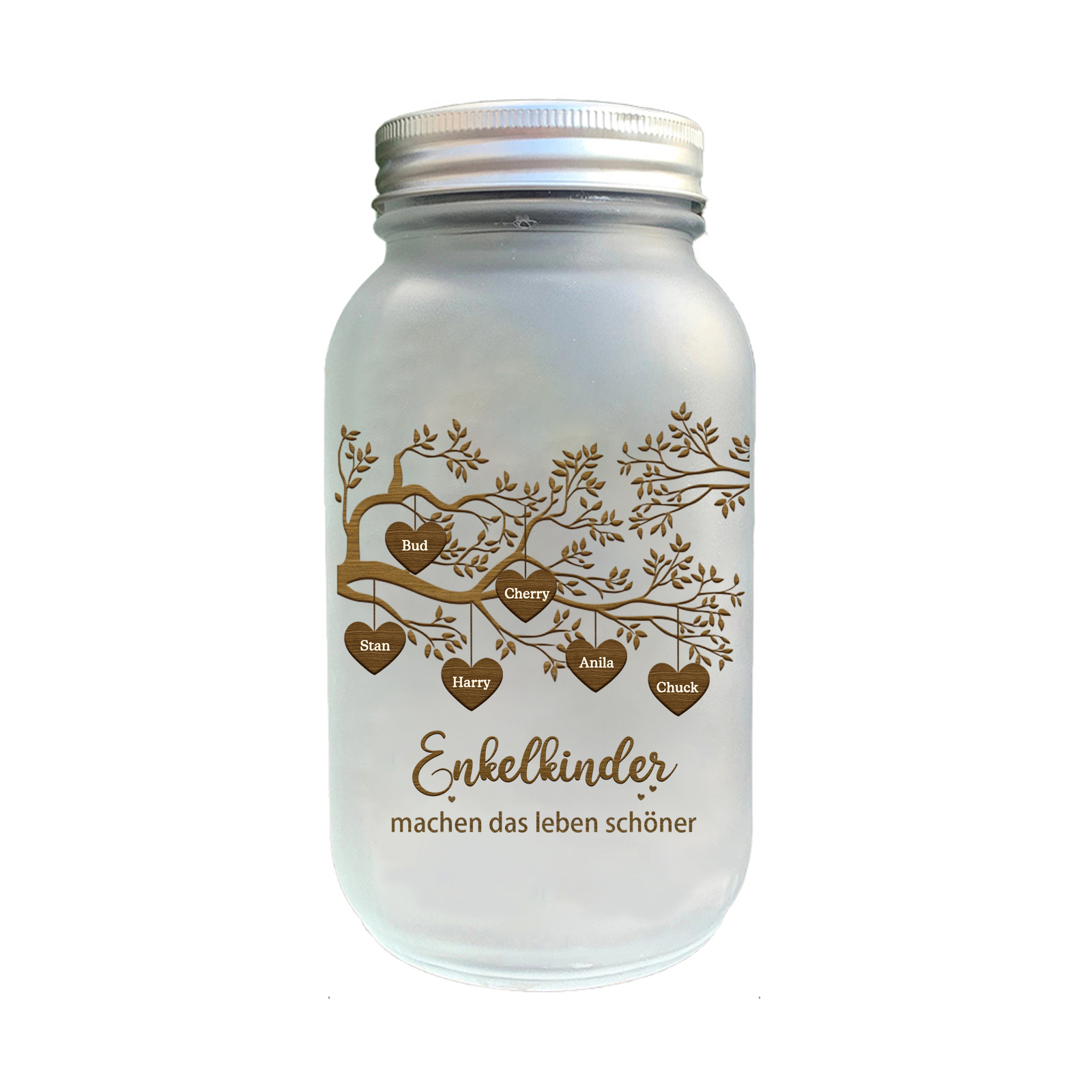 Personalisierte 6 Namen & 2 Texte Glasflasche-Enkelkinder machen das Leben schöner-Weihnachten Licht mit Lebensbaum für Großeltern Familie