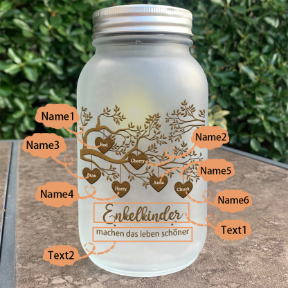 Personalisierte 6 Namen & 2 Texte Glasflasche-Enkelkinder machen das Leben schöner-Weihnachten Licht mit Lebensbaum für Großeltern Familie